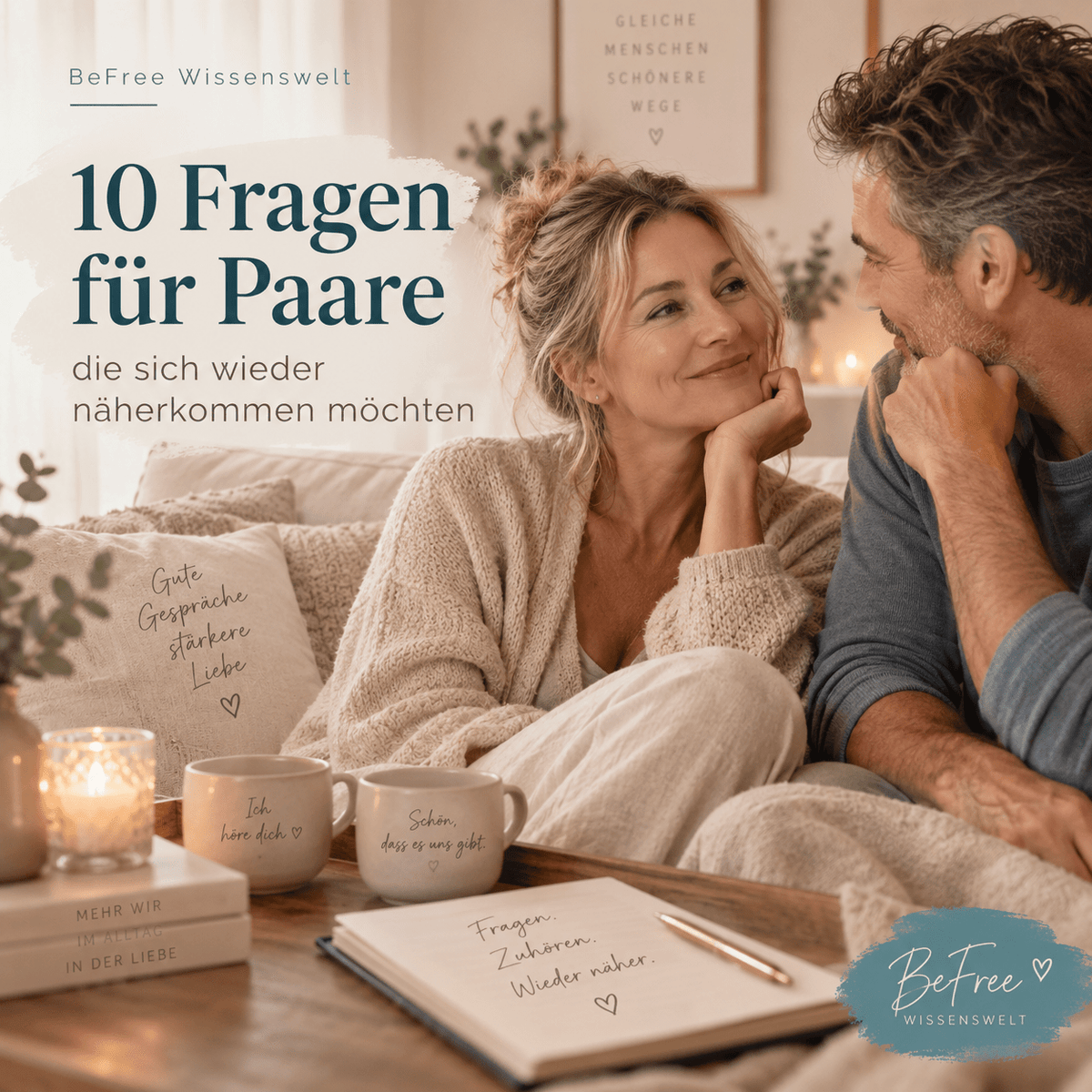 Paar im Gespräch auf dem Sofa – 10 Fragen für Paare, die sich wieder näherkommen möchten.