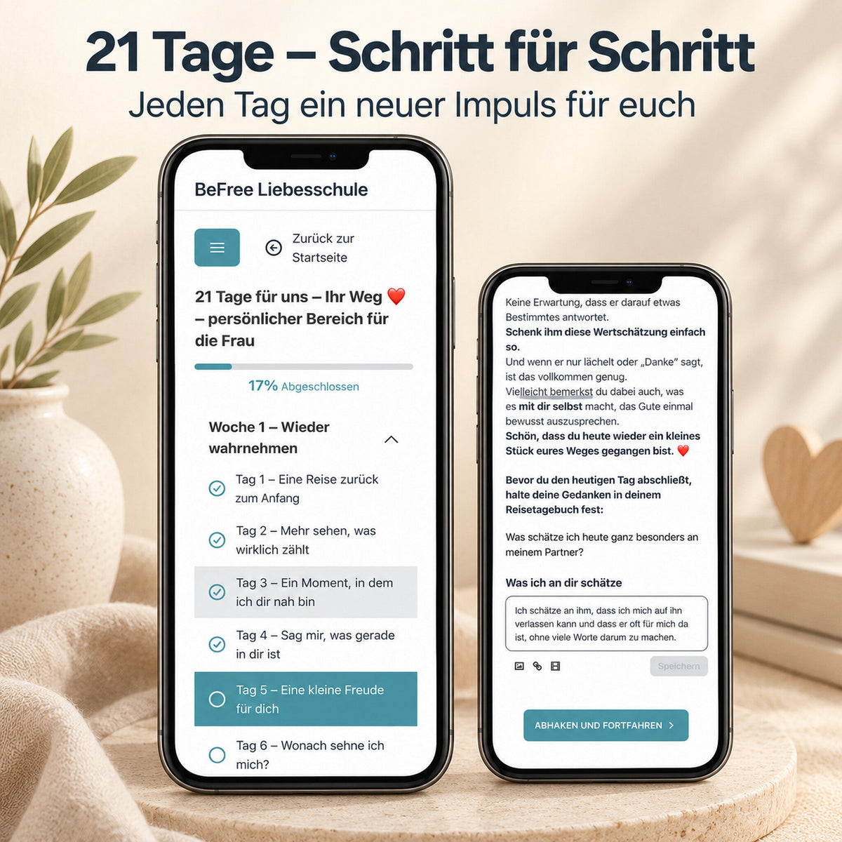 Smartphones zeigen Tagesübersicht, Fortschritt und tägliche Impulse des 21-Tage-Paarprogramms