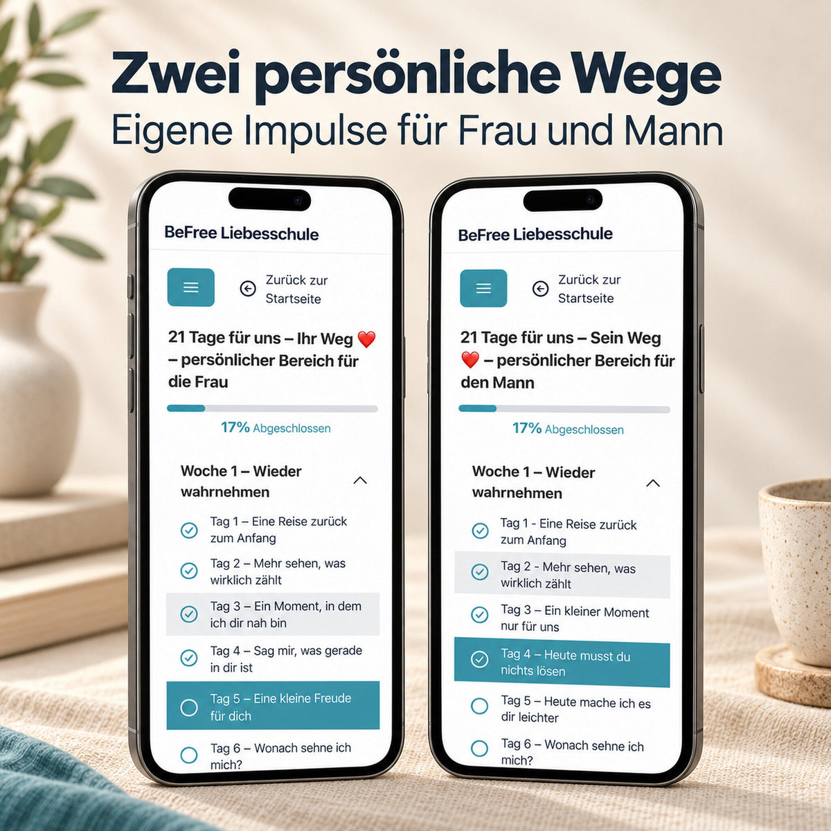 Zwei Smartphones zeigen die getrennten persönlichen Zugänge für Frau und Mann