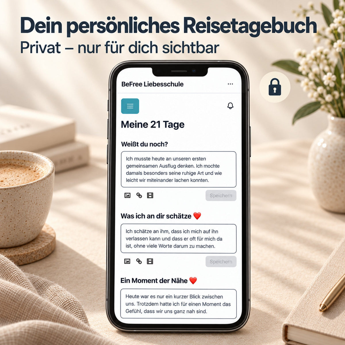 Smartphone mit privatem Reisetagebuch und persönlichen Einträgen für die 21-tägige Paarreise