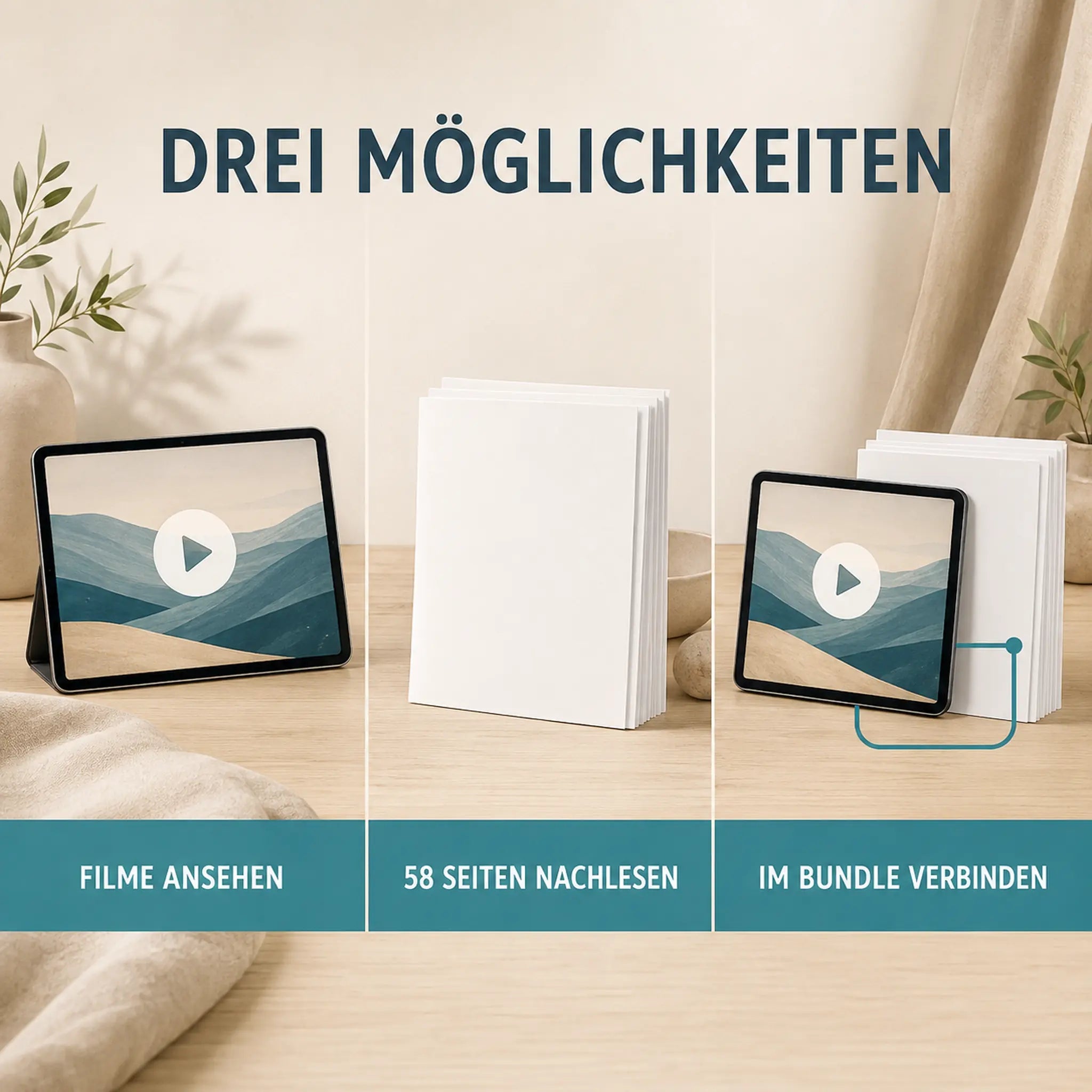 Drei Möglichkeiten: Lehrfilme ansehen, 58 Seiten Anleitungen nachlesen oder beides im Bundle verbinden