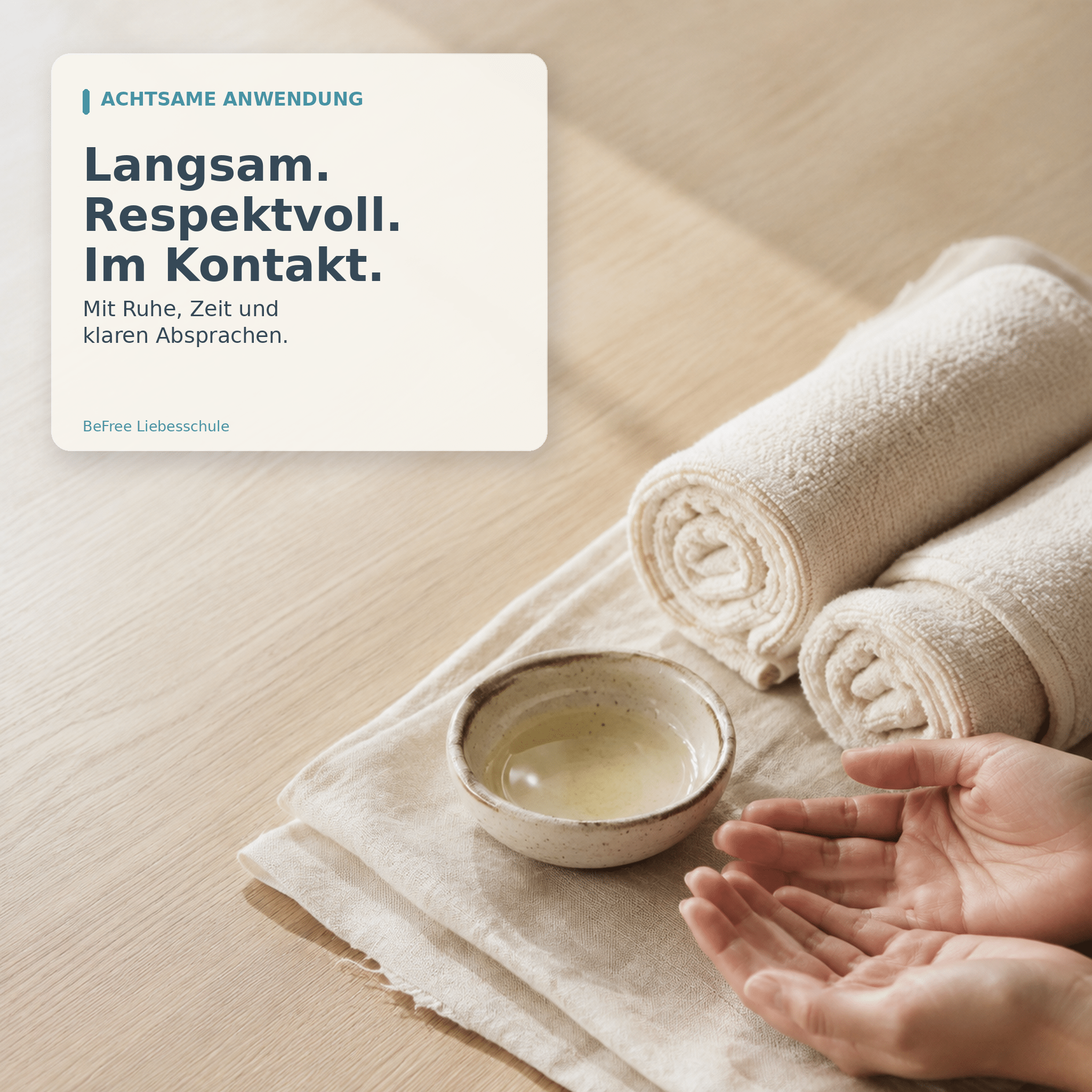 Handtücher, Massageöl und offene Hände – langsame achtsame Anwendung