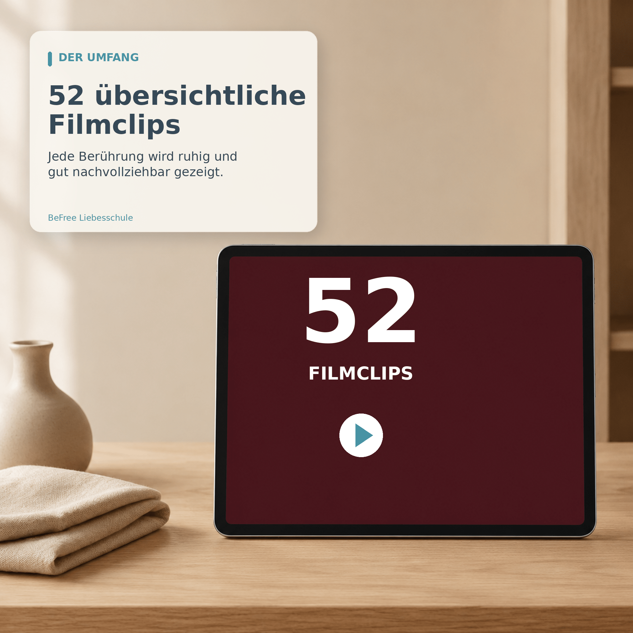 Tablet mit Hinweis auf 52 übersichtliche Filmclips des Lehrfilms
