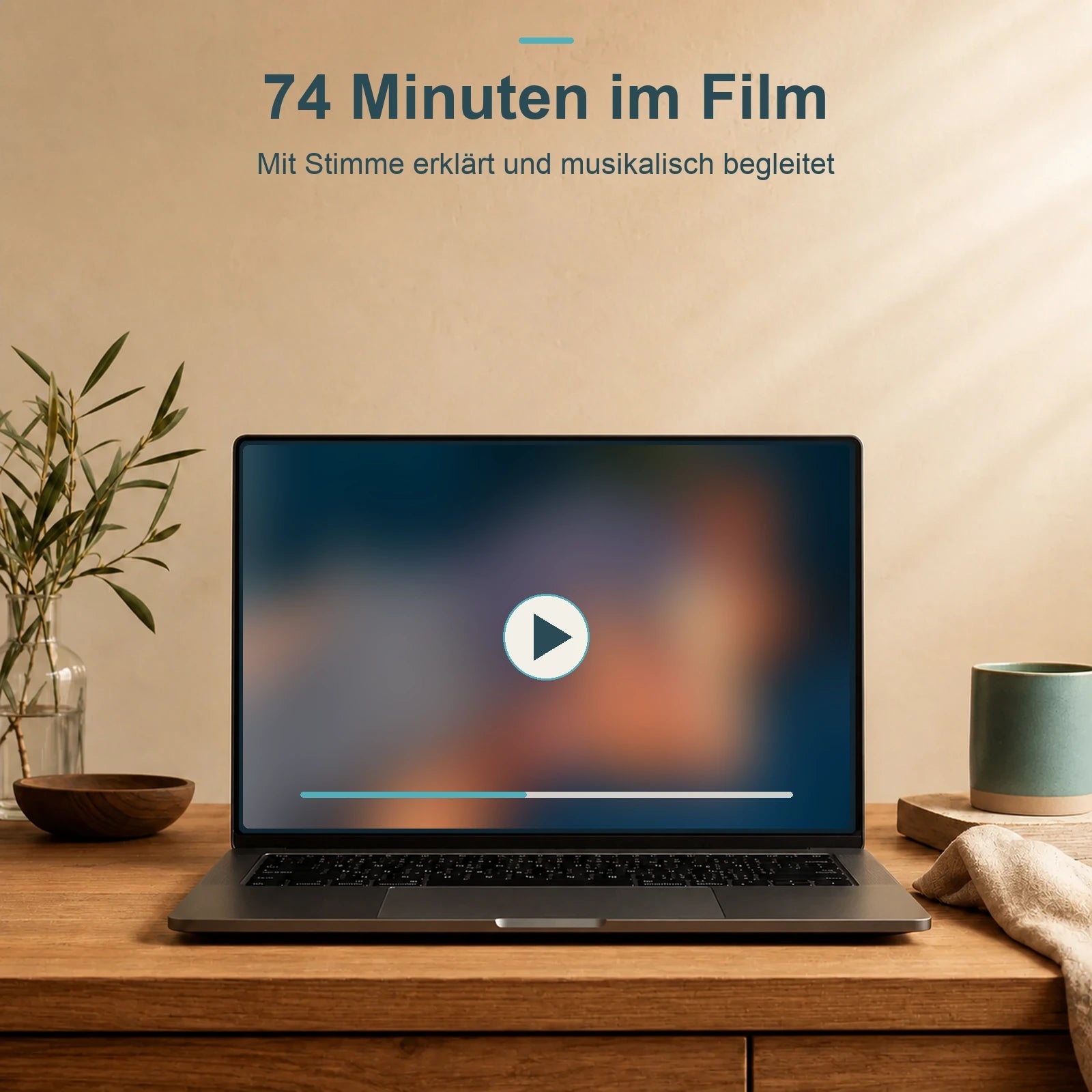 Laptop-Mockup zum 74-minütigen Film mit gesprochener Erklärung und Musik