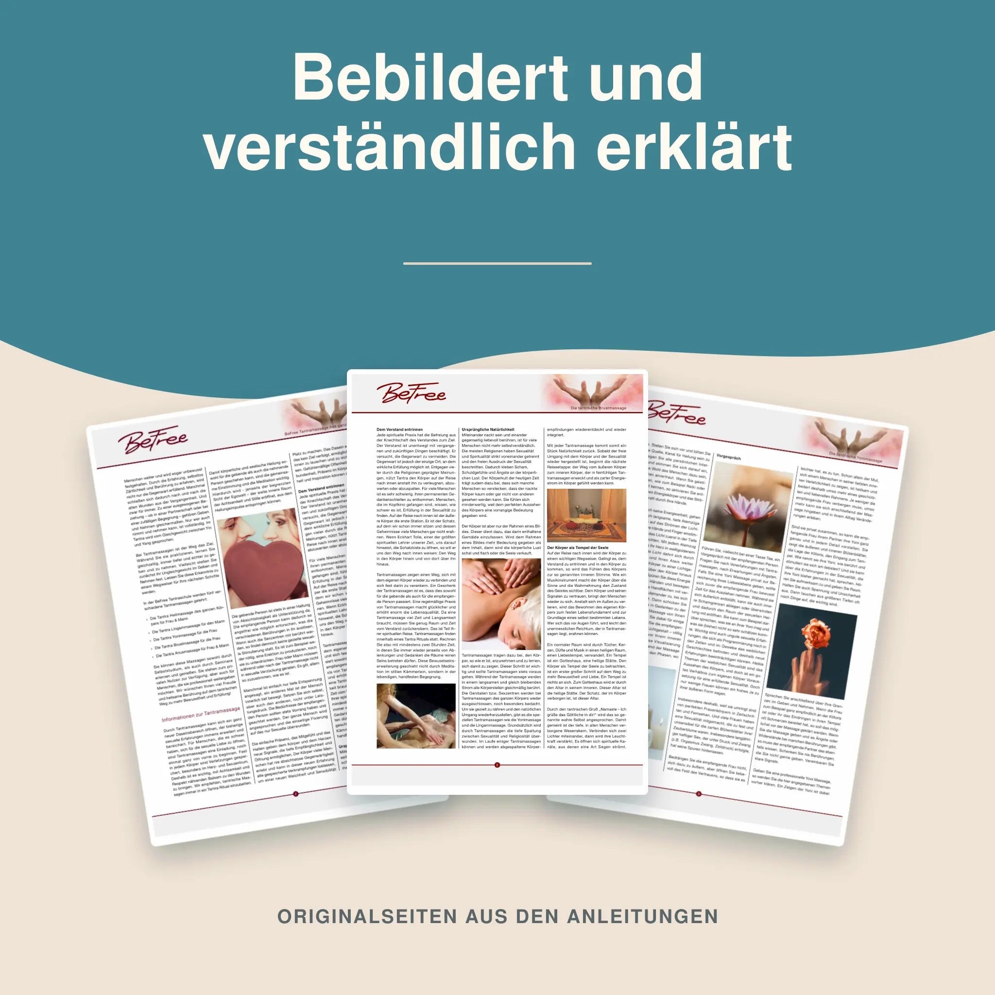 Bebilderte Innenseiten der schriftlichen Tantramassage-Anleitungen