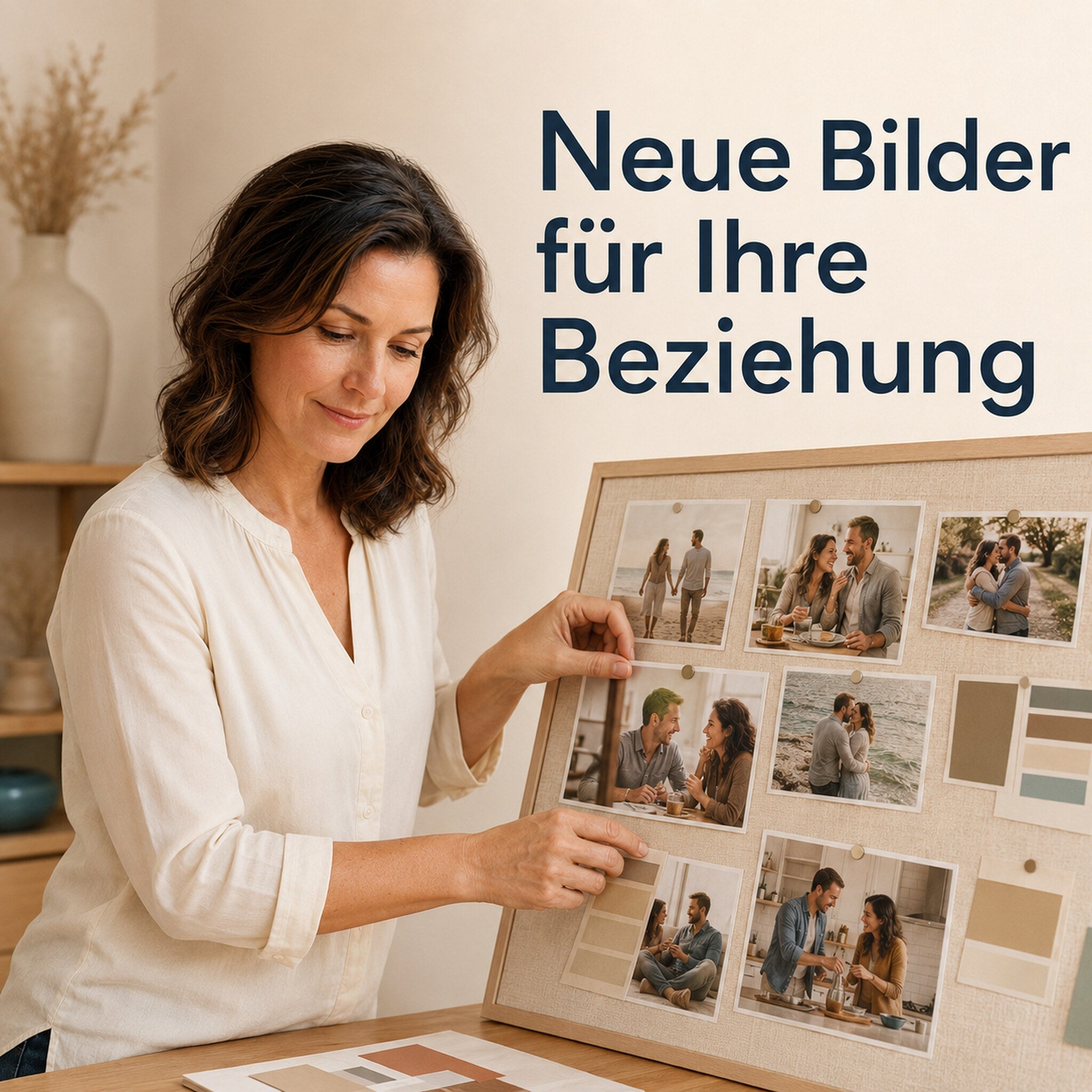 Frau gestaltet eine Collage mit Bildern einer liebevollen Partnerschaft
