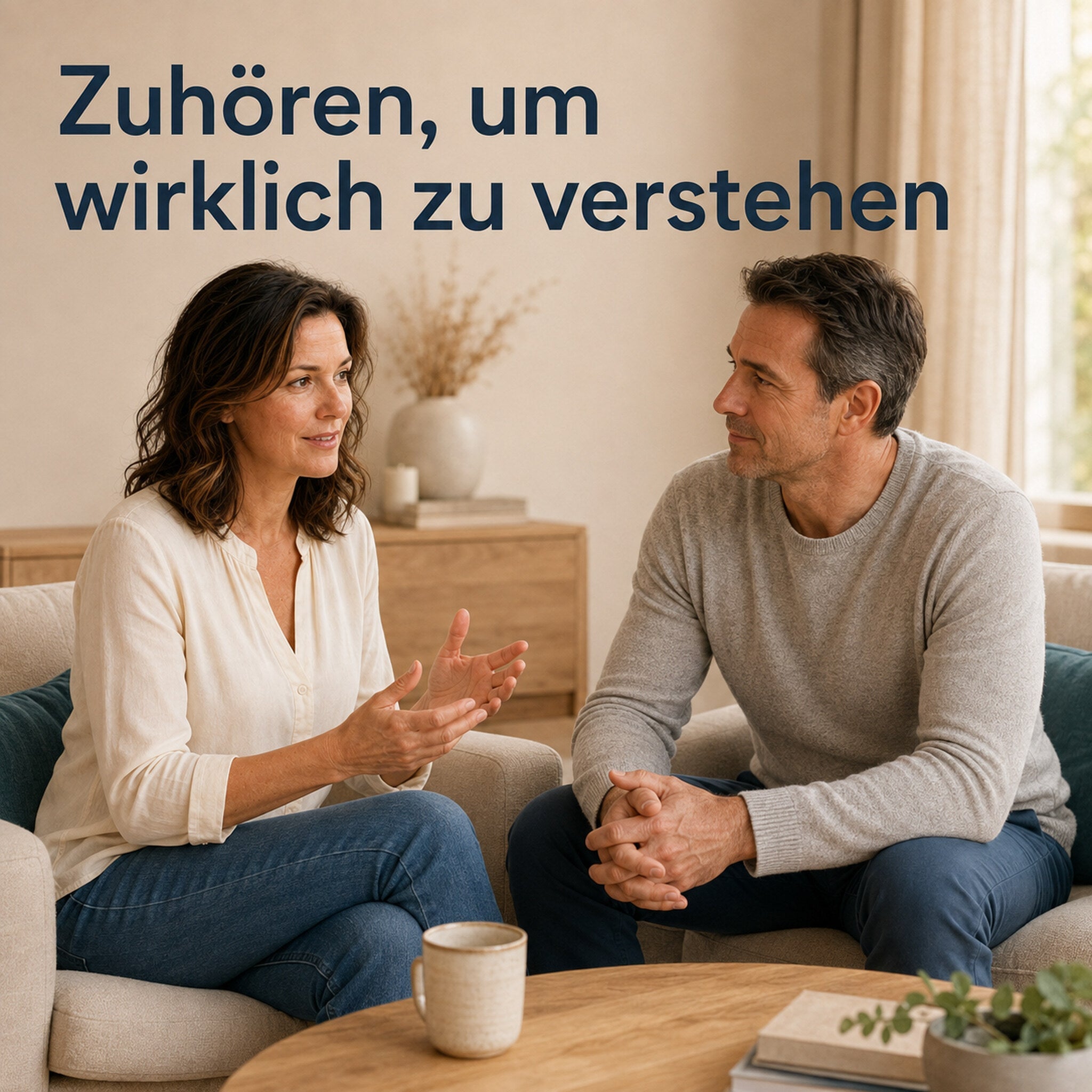 Bekleidetes Paar übt in ruhiger Atmosphäre das aktive Zuhören