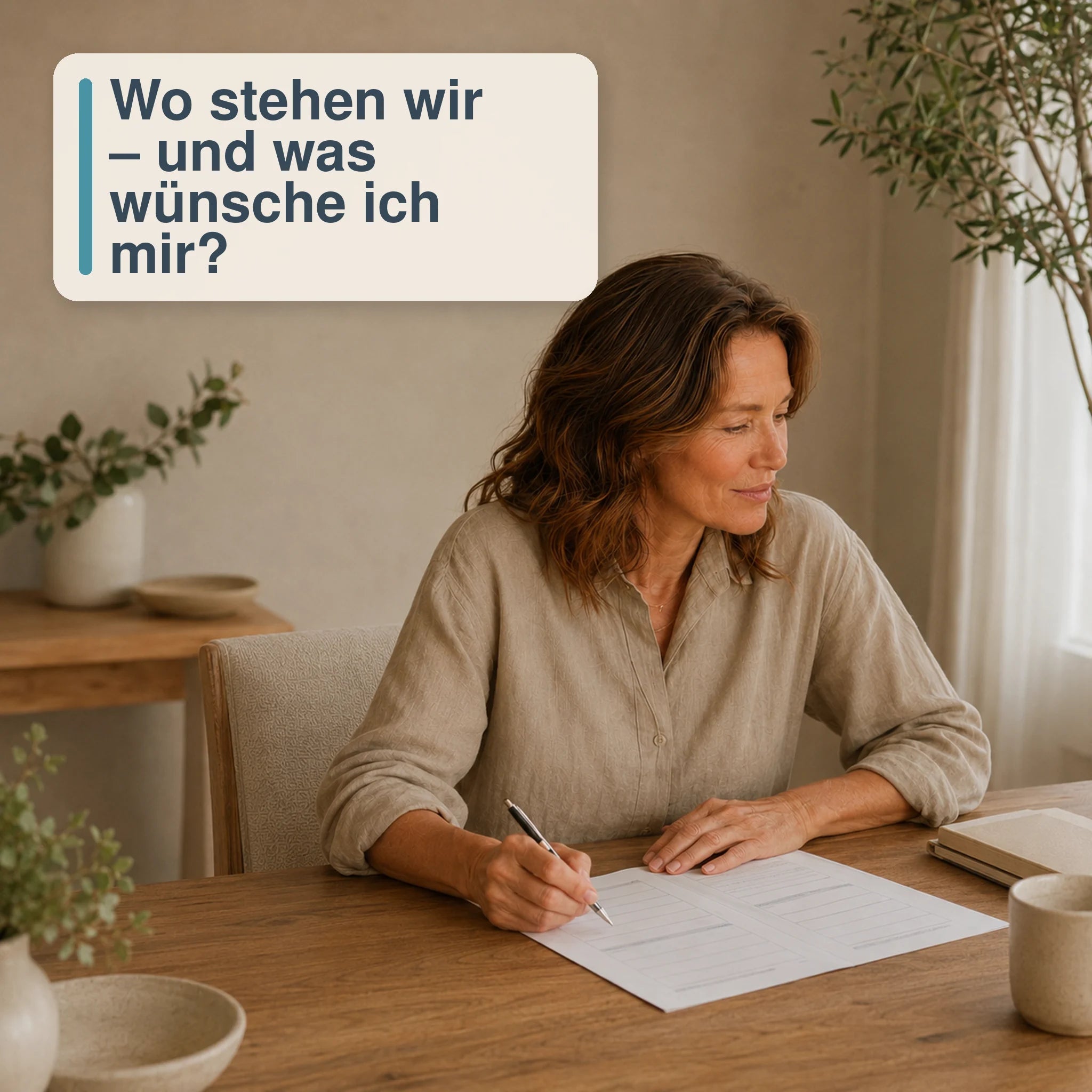 Frau beantwortet den Beziehungsfragebogen aus der Arbeitsmappe