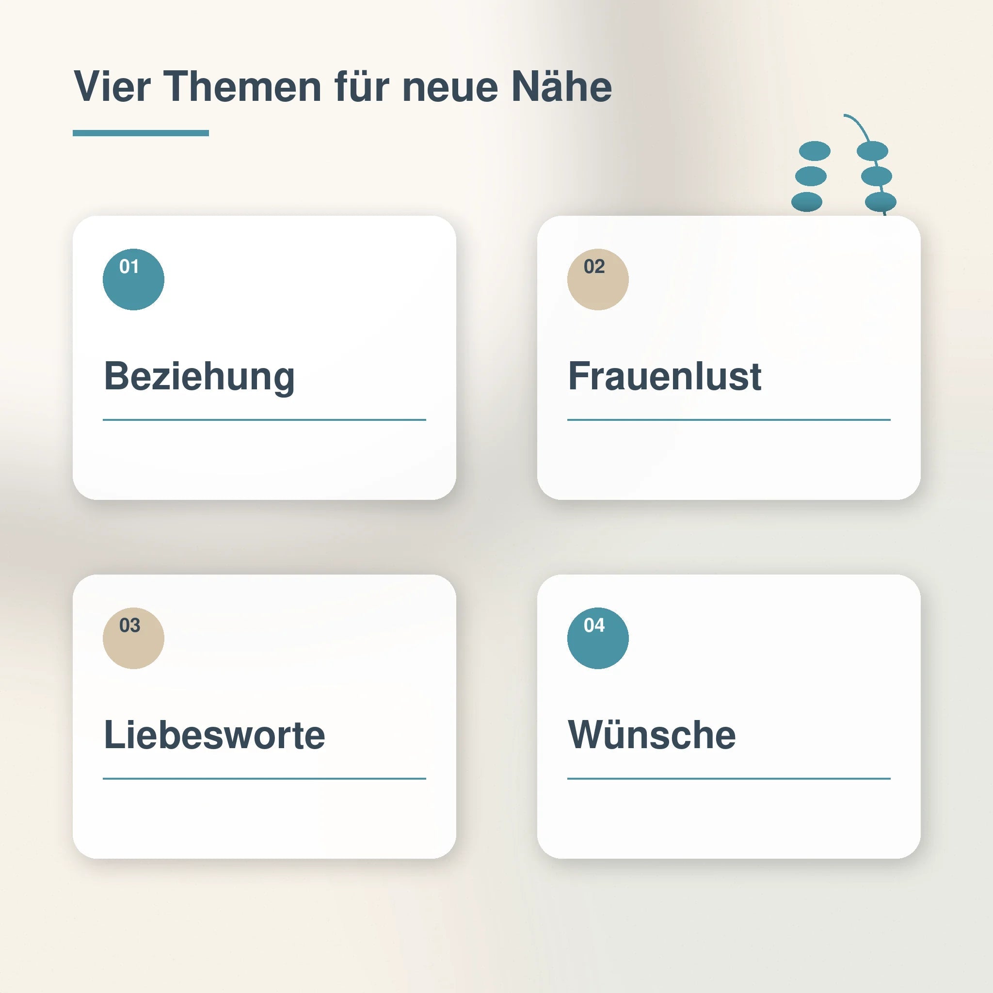 Übersicht zu Beziehung, weiblicher Lust, Liebesworten und Wünschen