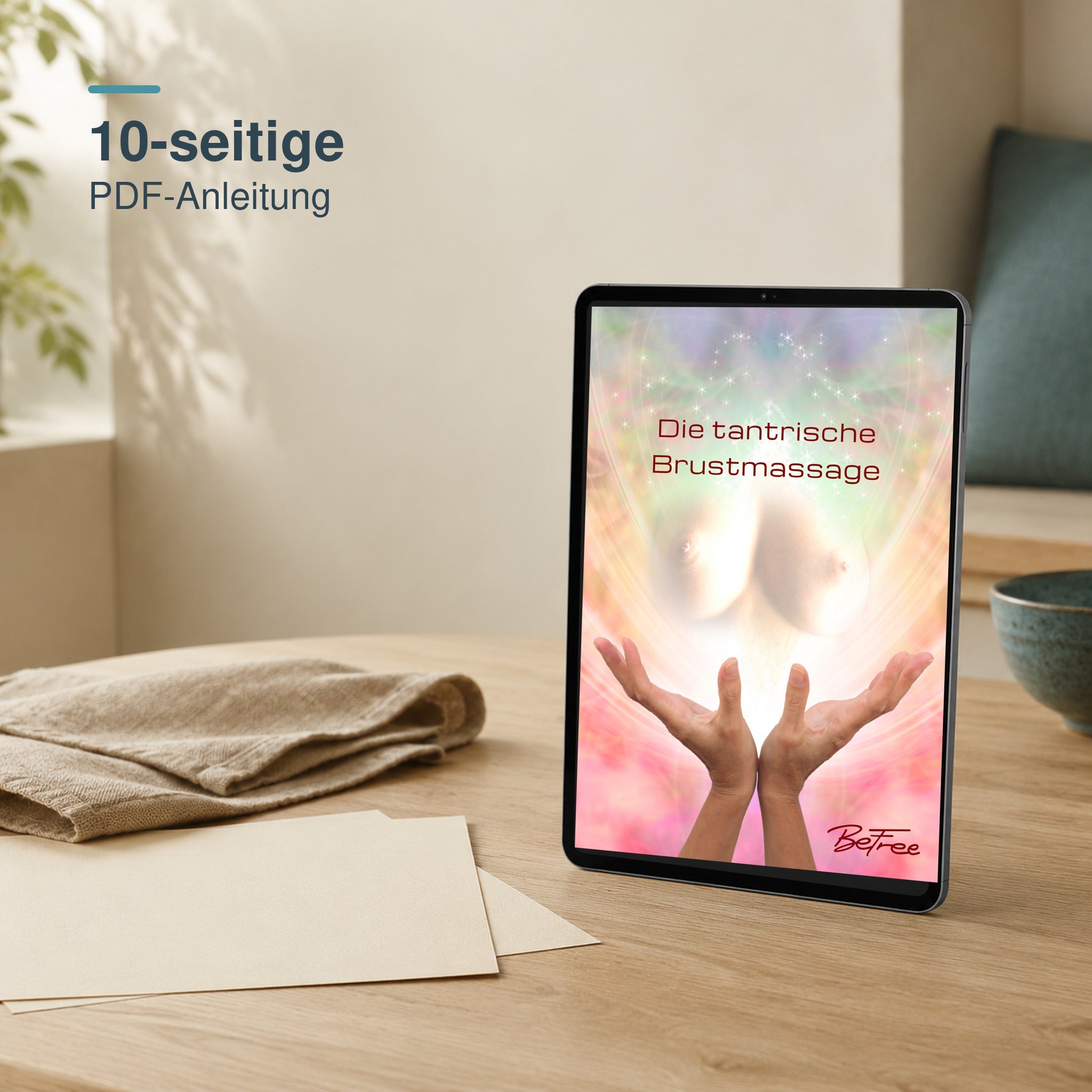 10-seitige PDF-Anleitung Die tantrische Brustmassage auf einem Tablet in warmer natürlicher Umgebung