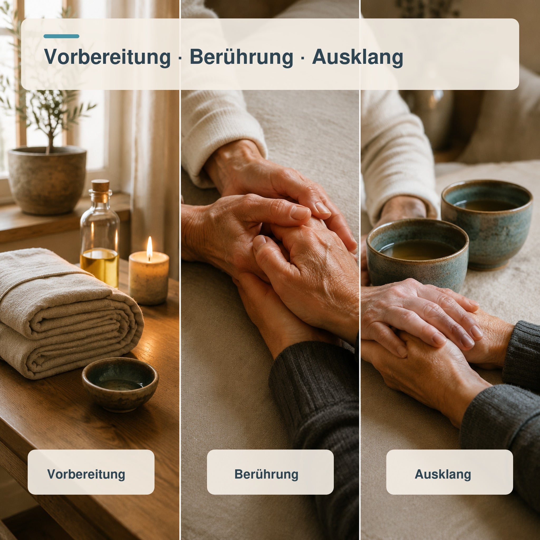 Fotografischer Ablauf der Brustmassage-Anleitung mit Vorbereitung, achtsamer Berührung und Ausklang