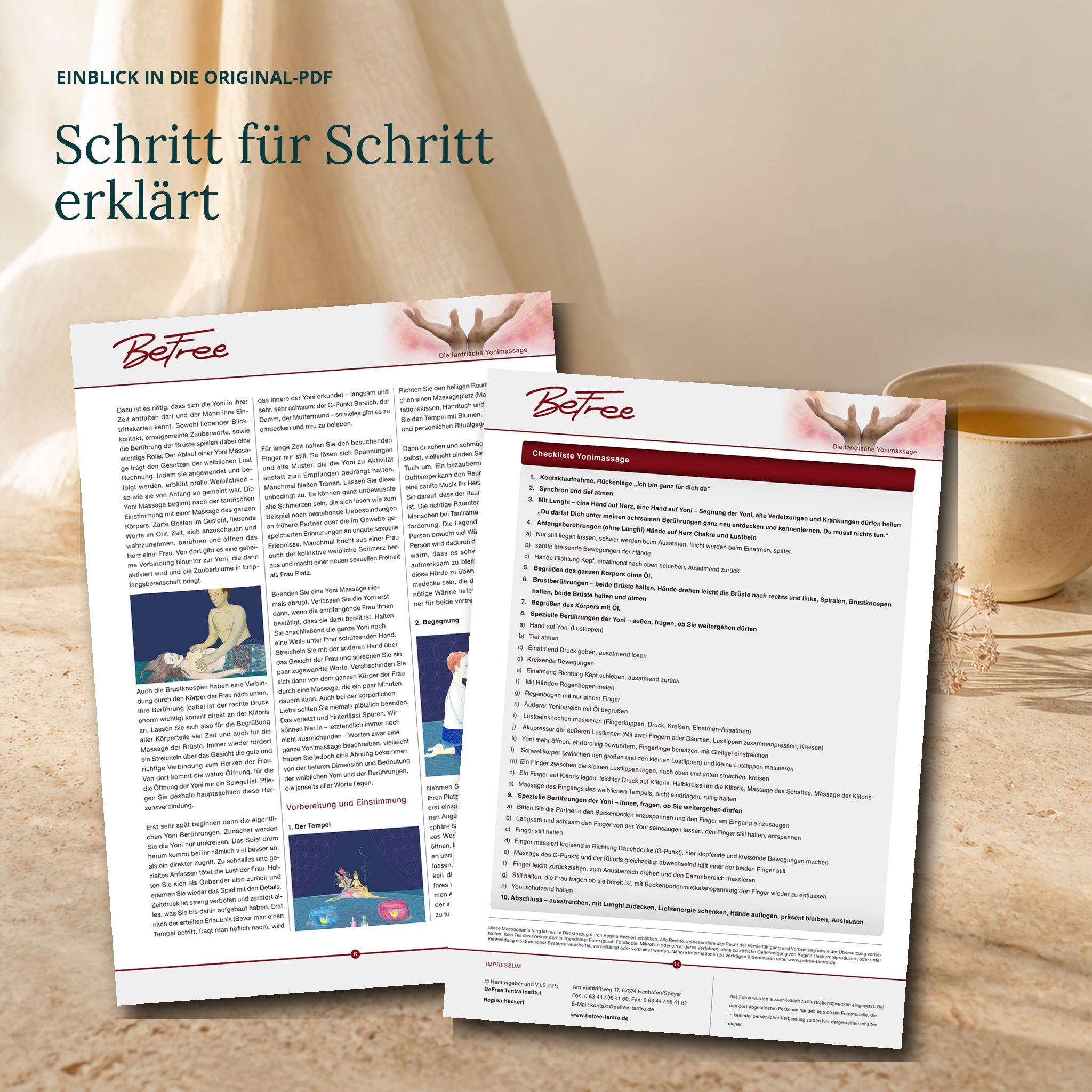 Zwei unveränderte Originalseiten der PDF zeigen den erklärten Ablauf und die kompakte Checkliste.
