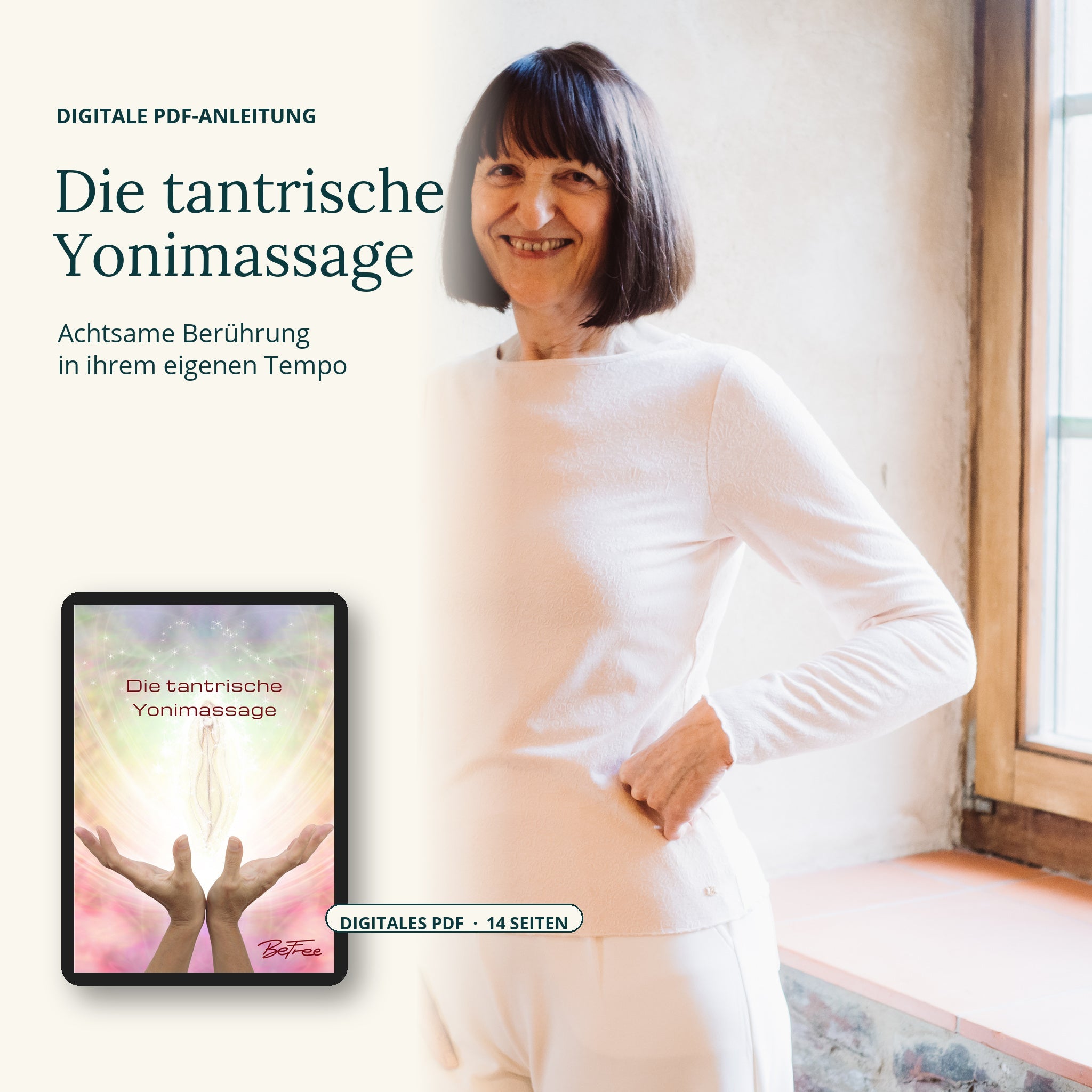 Regina Heckert neben dem Originalcover der 14-seitigen PDF-Anleitung „Die tantrische Yonimassage“