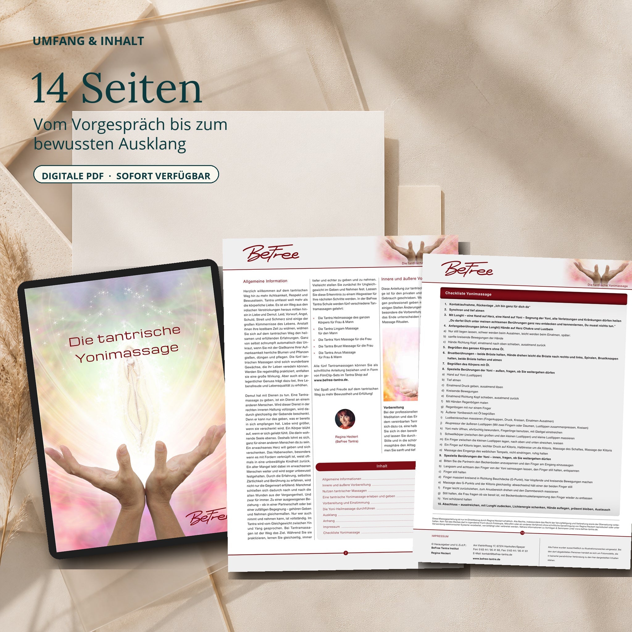 Originalcover und zwei Originalseiten der Yonimassage-PDF auf hellem Holz und cremefarbenem Leinen.