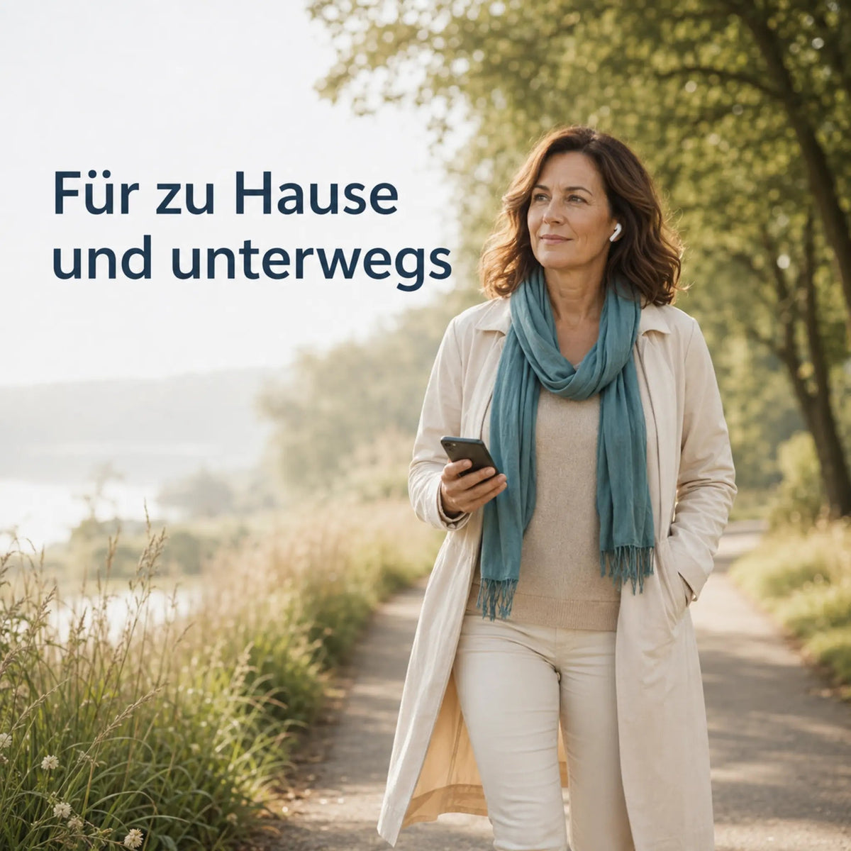 Frau hört Regina Heckerts Beziehungshörbuch bei einem Spaziergang