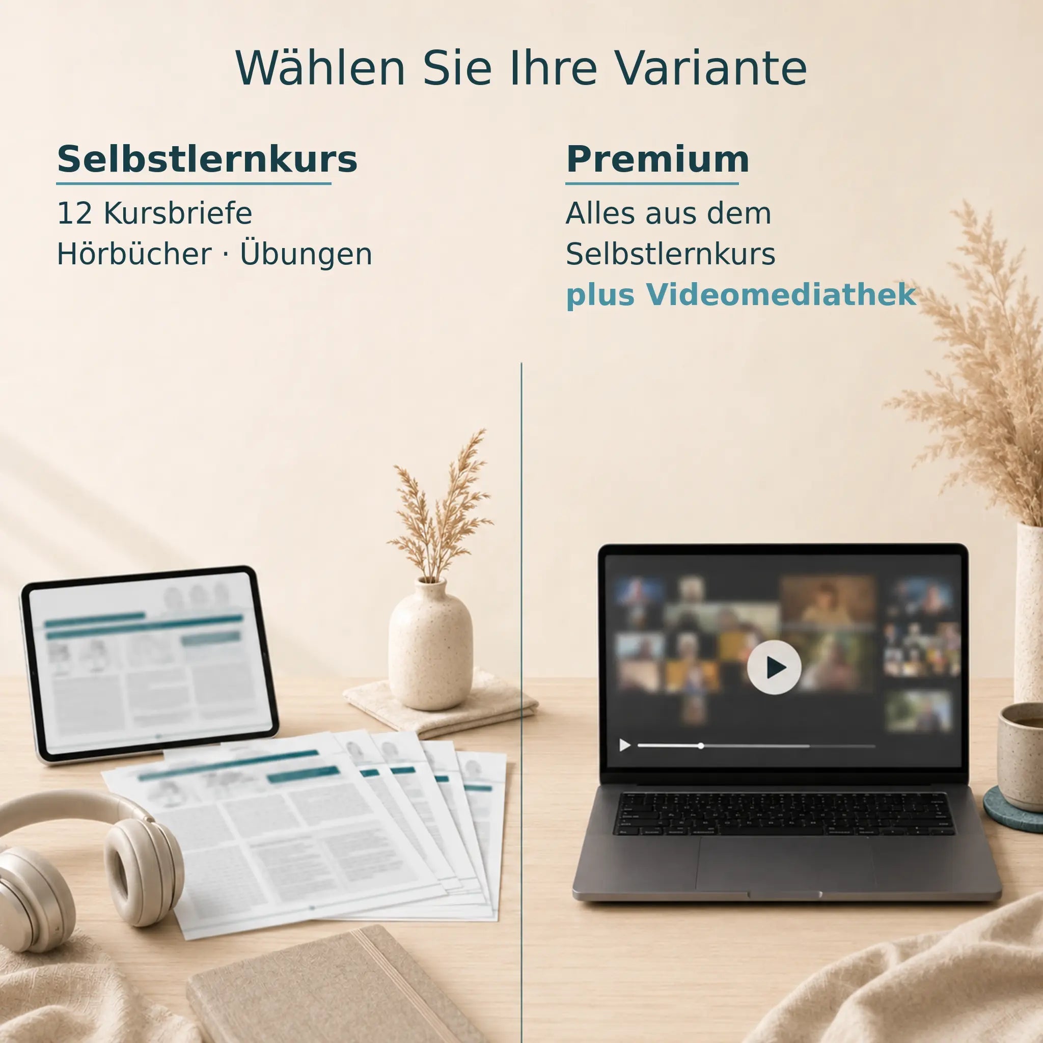 Selbstlernkurs mit Briefen, Hörbüchern und Übungen oder Premium mit zusätzlicher Videomediathek