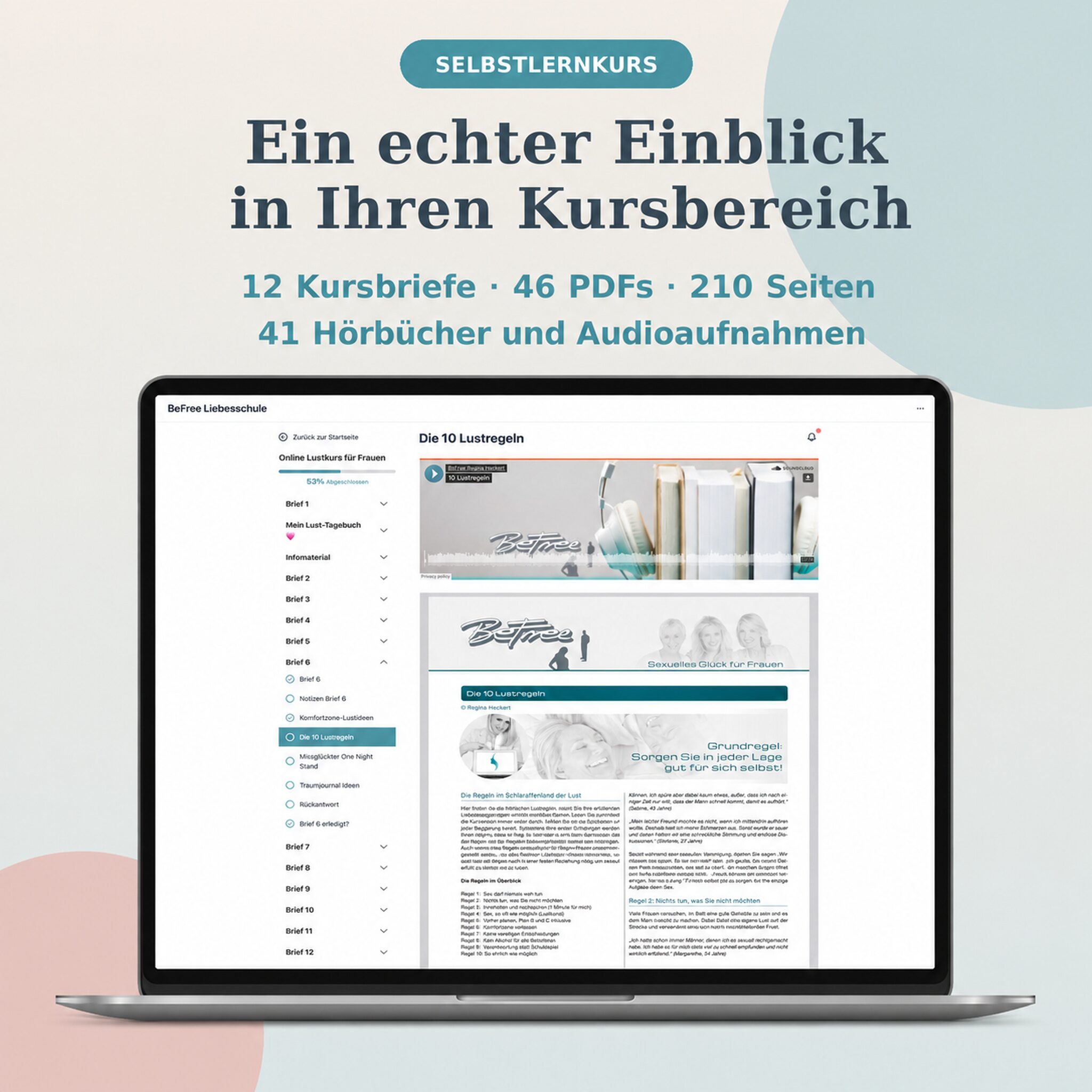 Echter Einblick in den BeFree Lust- und Orgasmus-Selbstlernkurs mit 46 PDFs, 210 Seiten und 41 Audioaufnahmen
