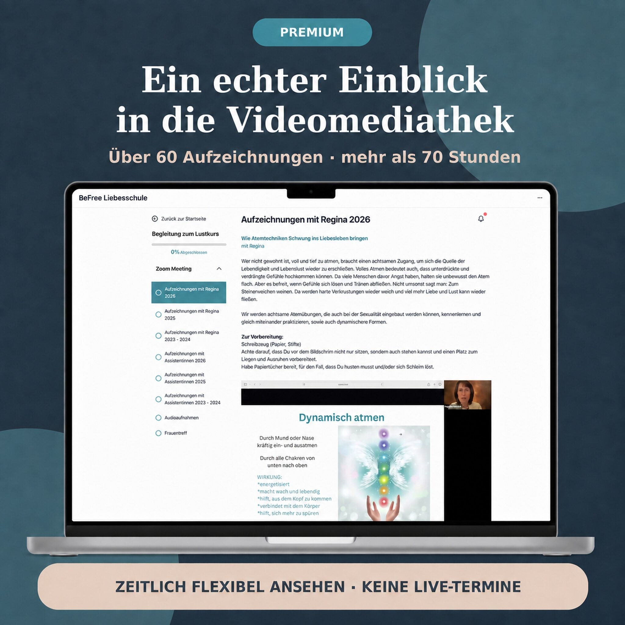 Echter Einblick in die Premium-Videomediathek des BeFree Lustkurses mit über 60 Aufzeichnungen