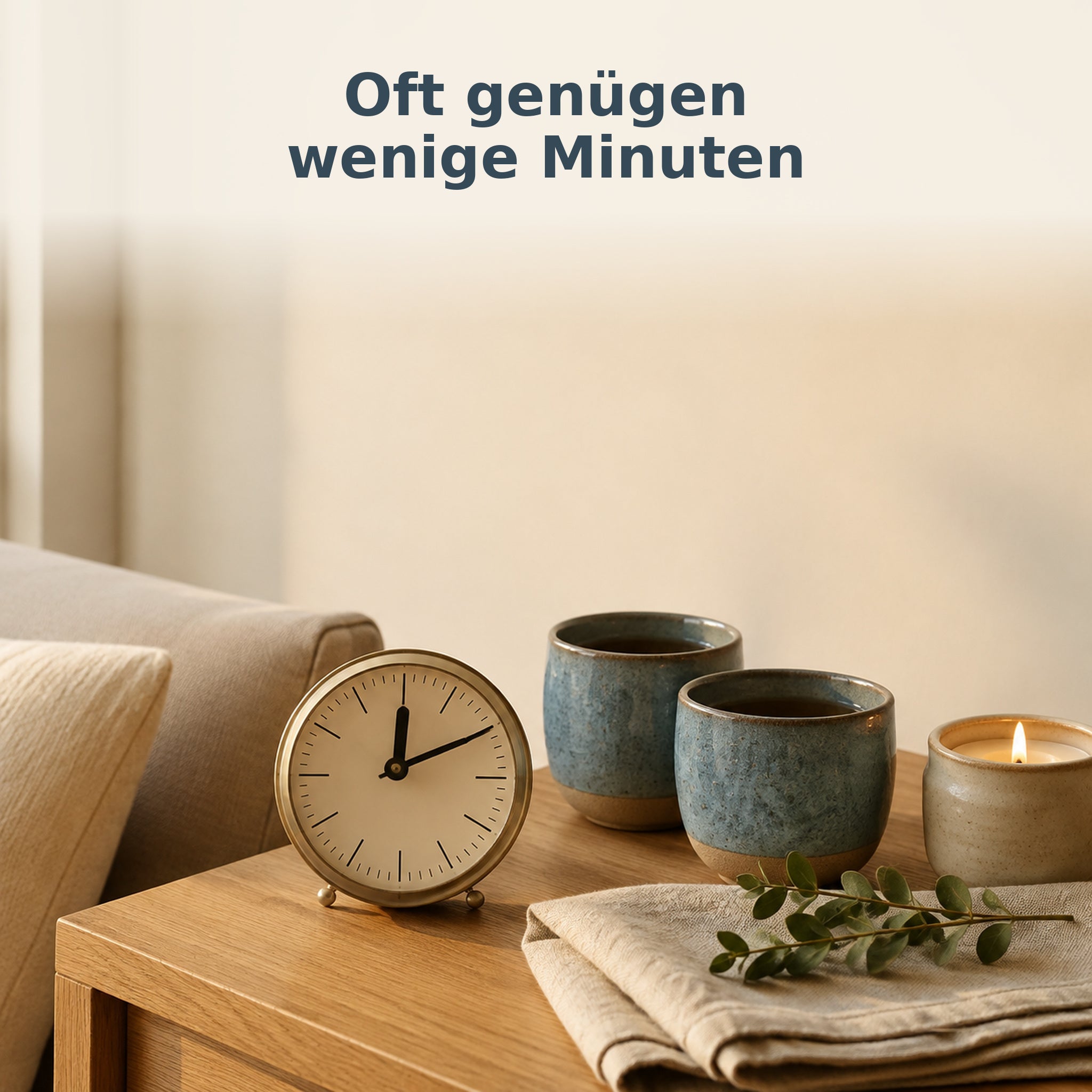 Uhr, Kerze und zwei Tassen als Symbol für kleine gemeinsame Alltagsmomente