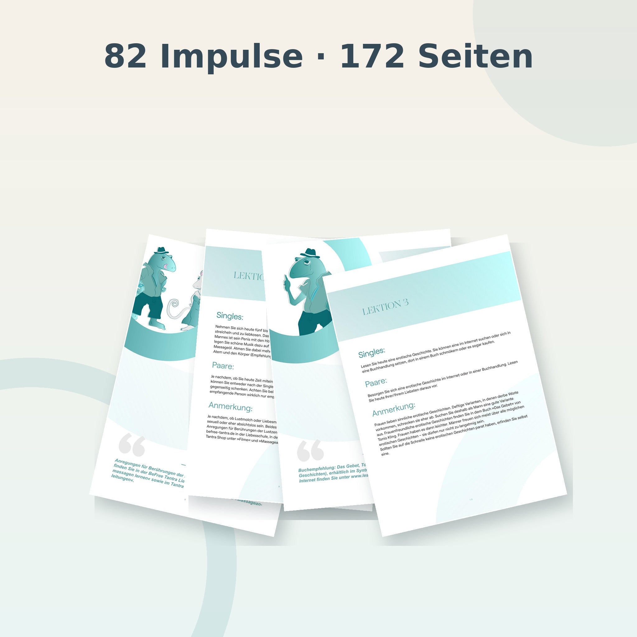 Mehrere aufgefächerte Originalseiten der PDF mit 82 Impulsen für Lust und Liebe