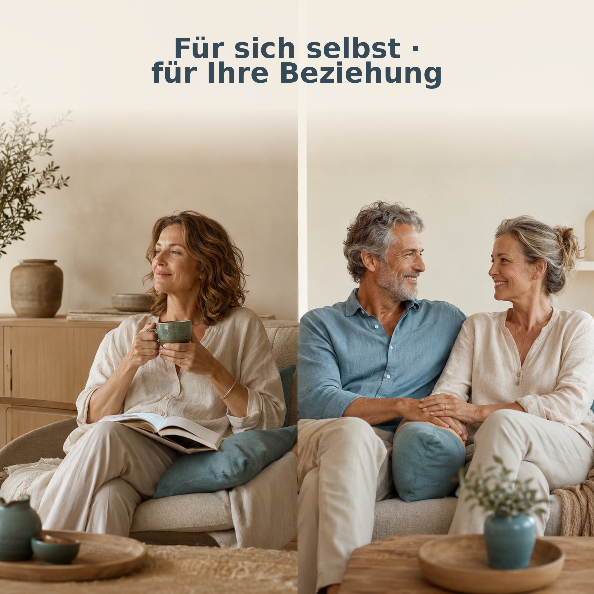 Frau in einem ruhigen Moment für sich und Paar in liebevoller Verbindung