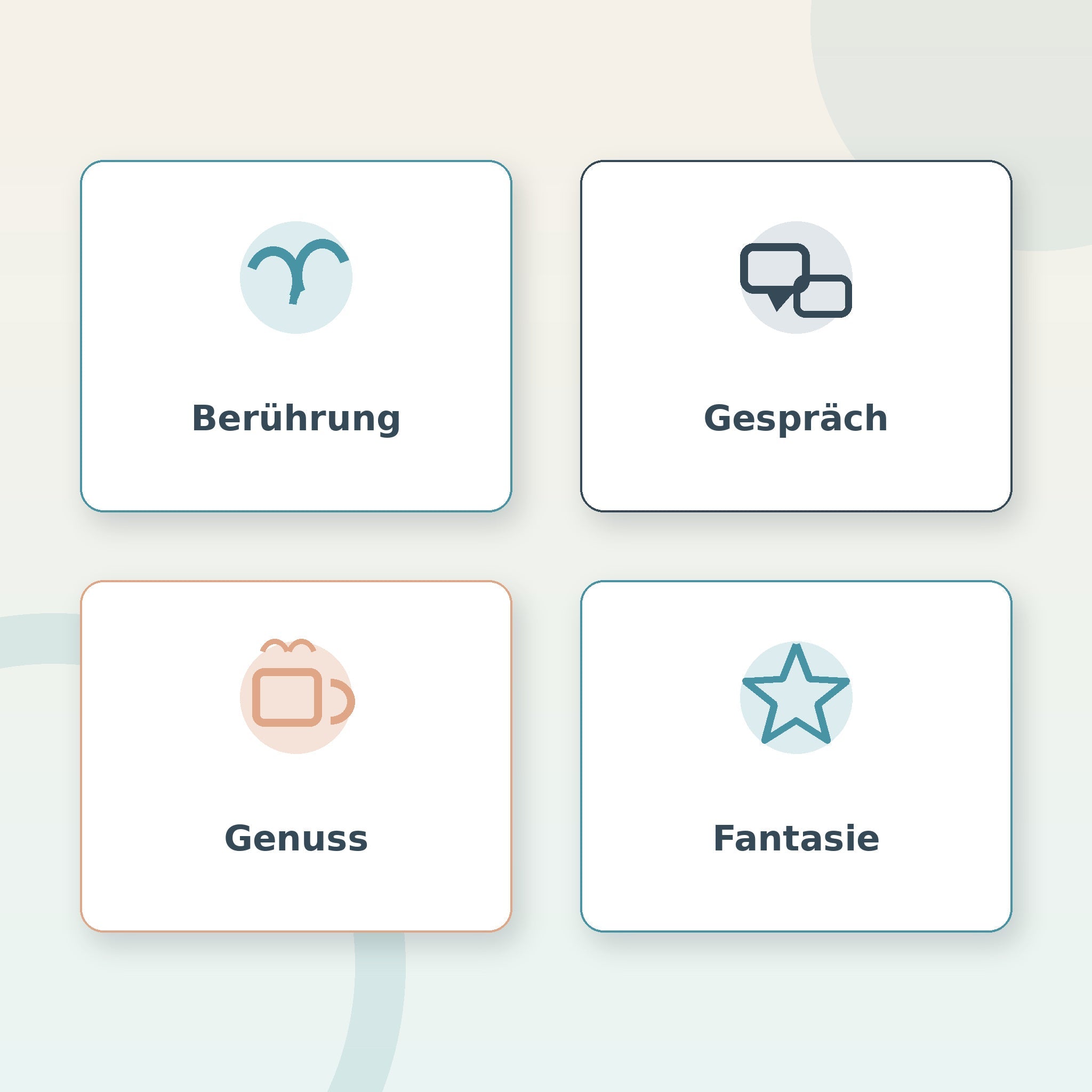 Vier Themenkarten zu Berührung, Gespräch, Genuss und Fantasie im Alltag