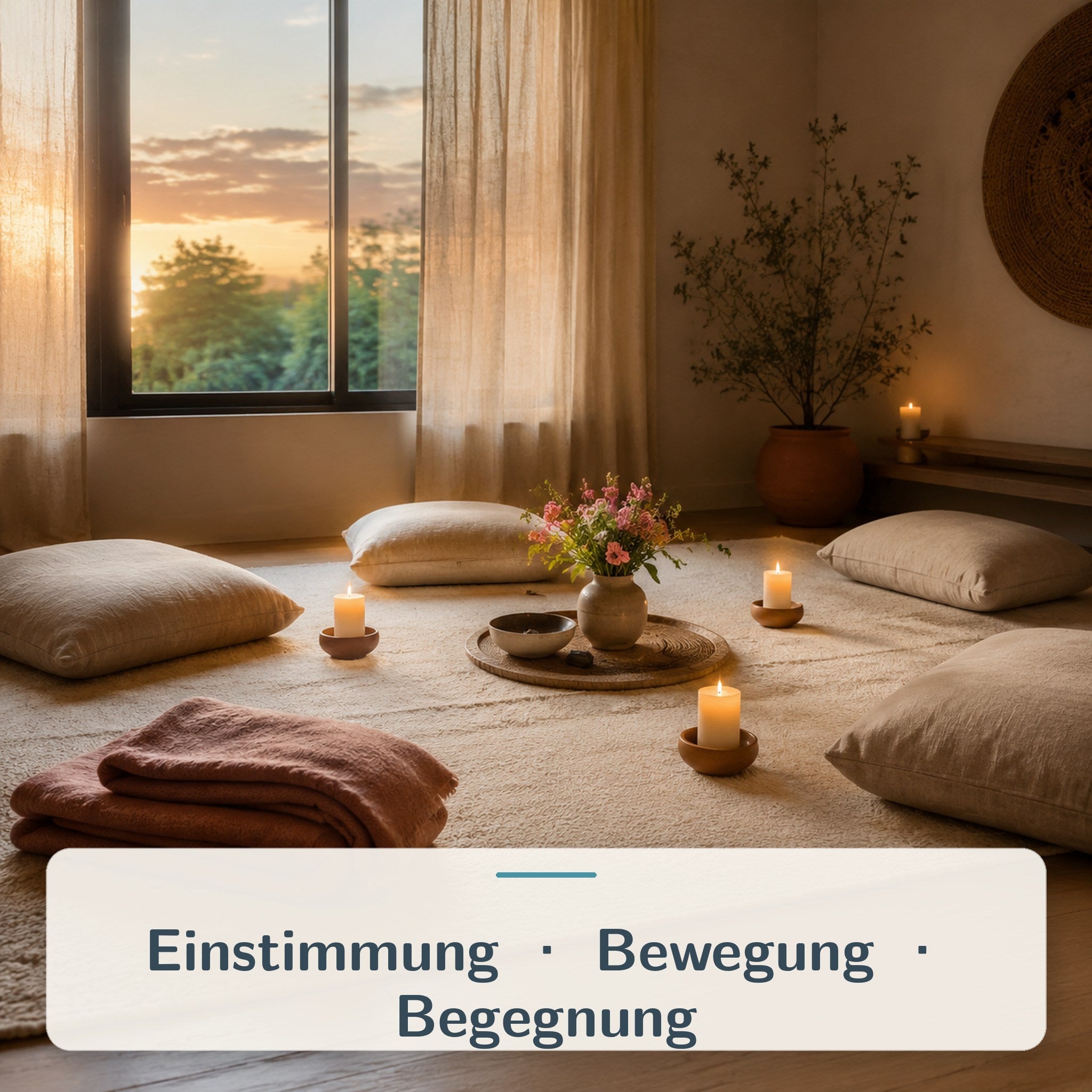 Vorbereiteter Tantra-Ritualraum mit Kerzen, Blumen und Kissen