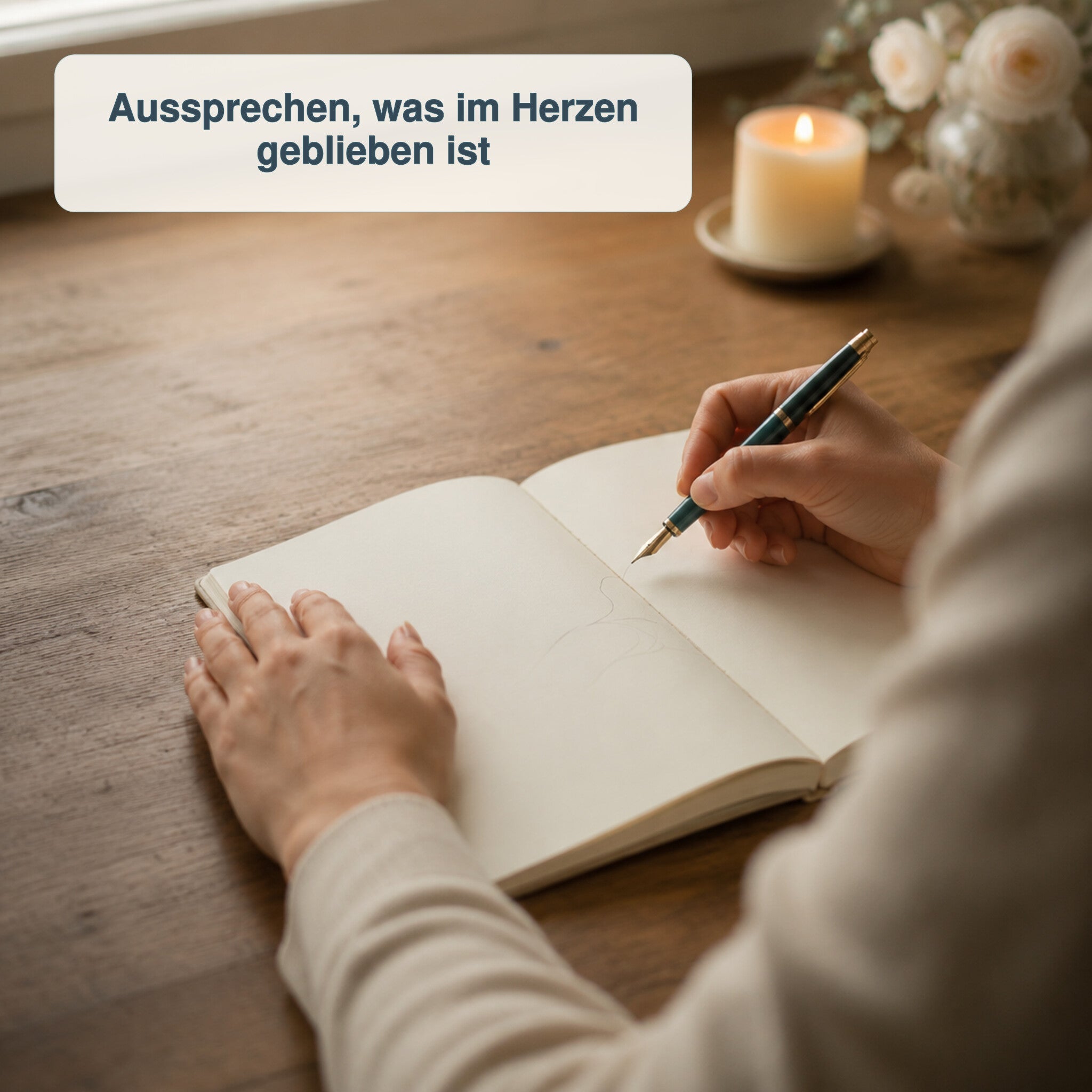 Person schreibt persönliche Worte des Abschieds und der Dankbarkeit