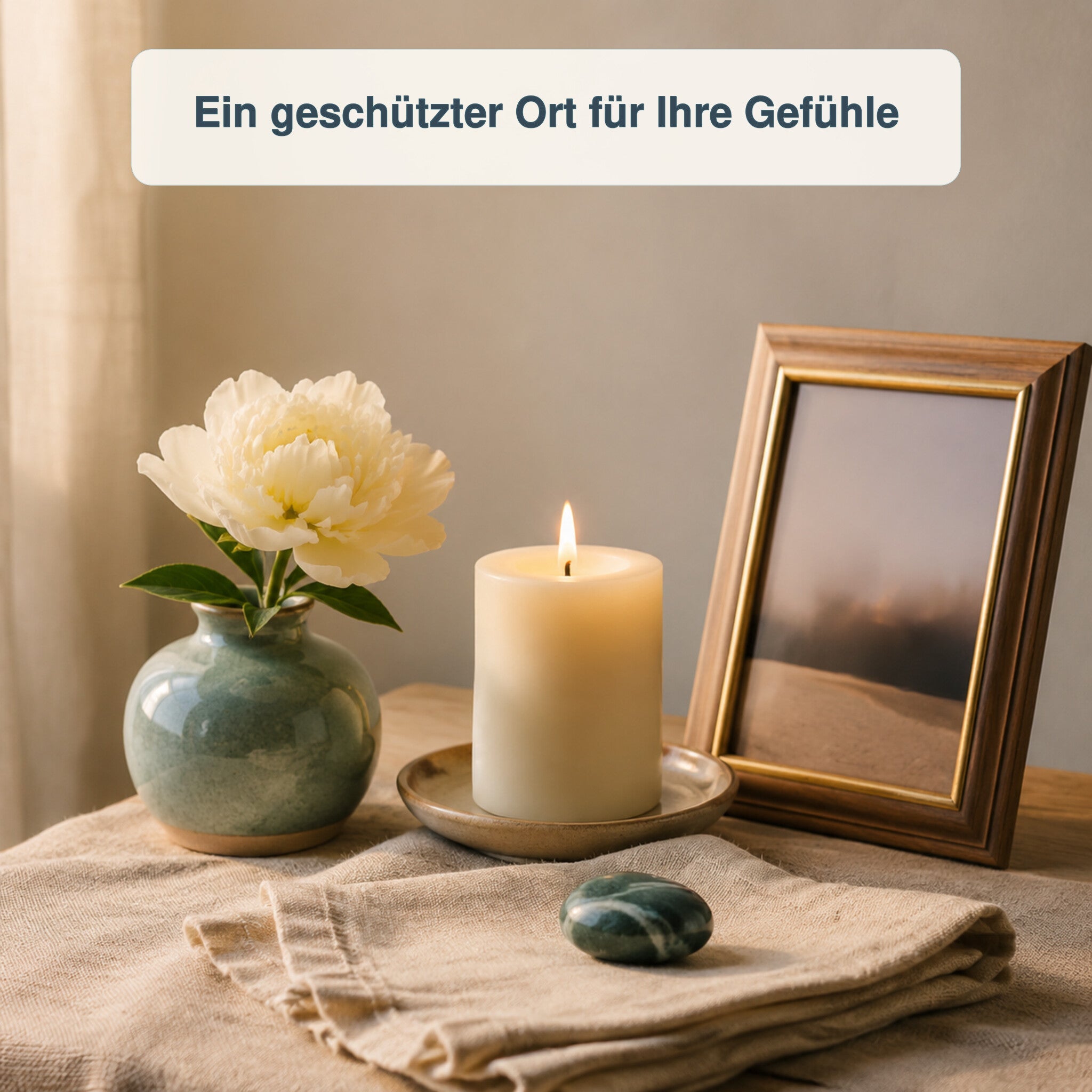 Ritualplatz mit Kerze, Blume, Foto und persönlichen Erinnerungsstücken