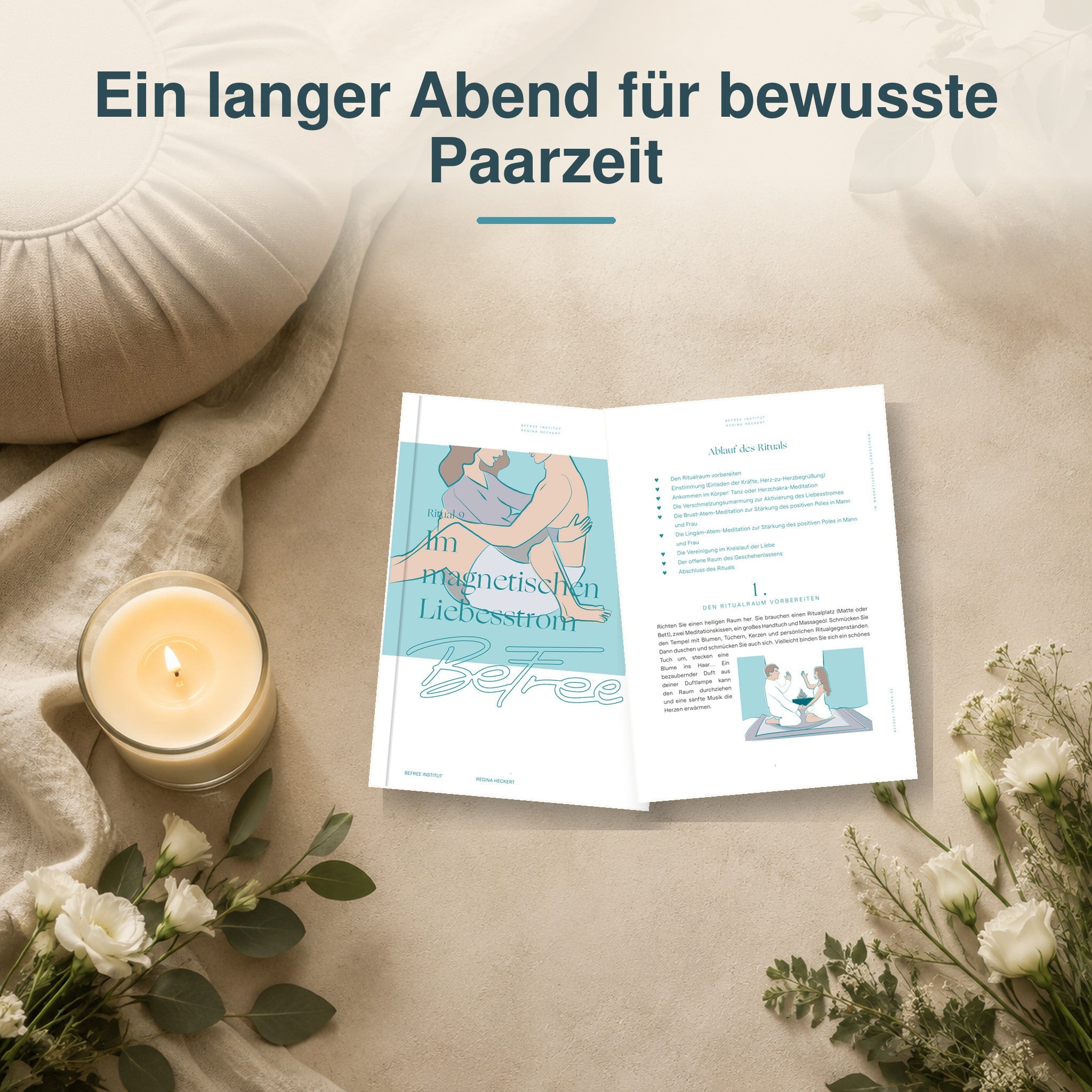 PDF-Anleitung neben Kerze, Meditationskissen und Blumen
