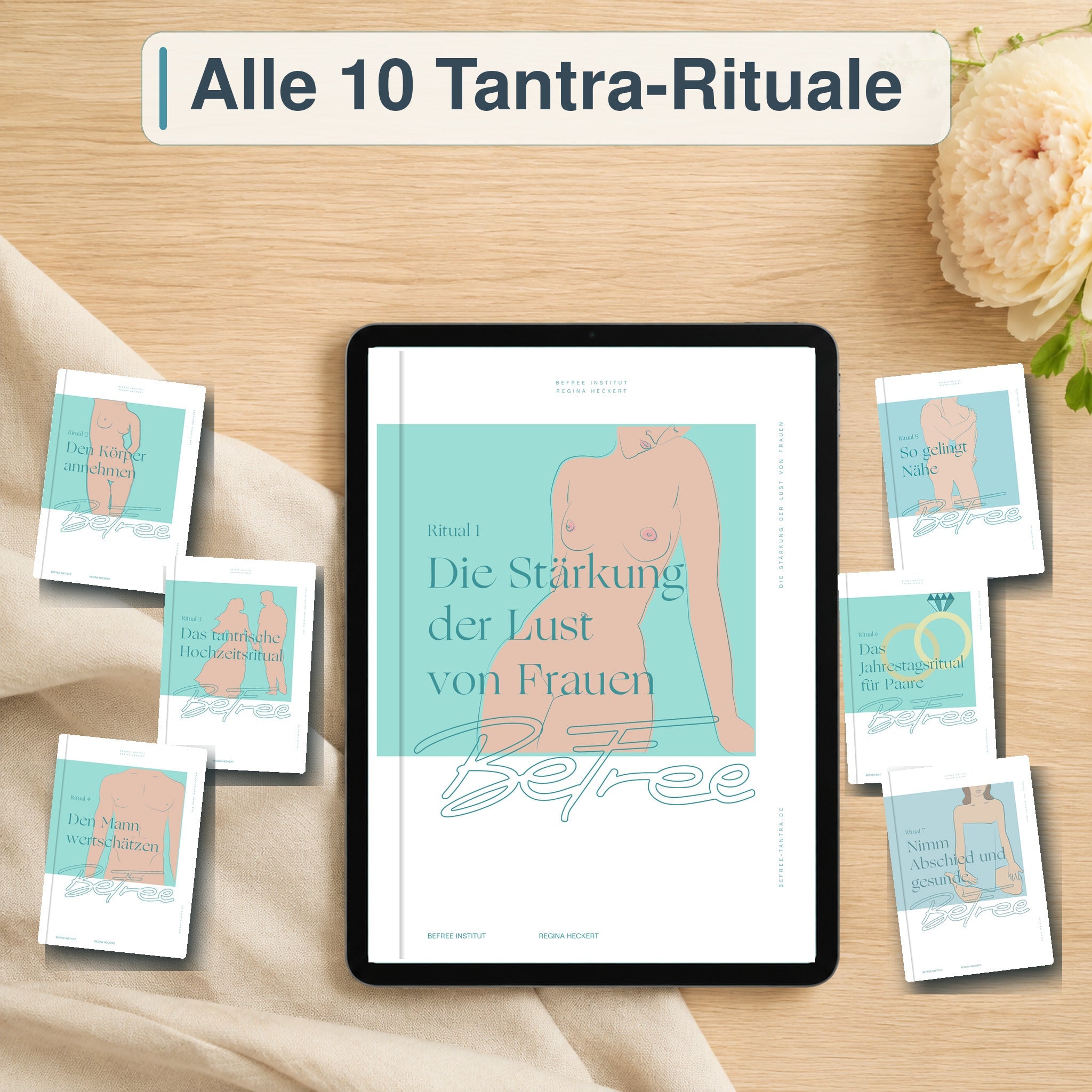 Alle zehn BeFree Tantra-Rituale als digitale PDF-Anleitungen auf einem Tablet