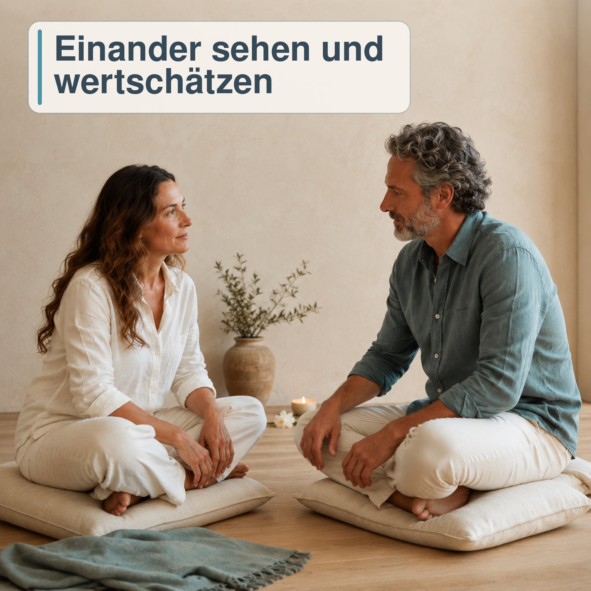 Bekleidetes Paar begegnet sich in aufmerksamem und liebevollem Blickkontakt