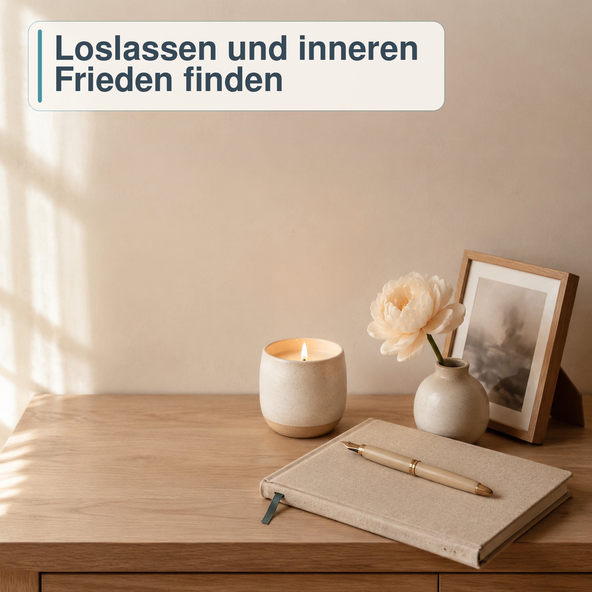 Kerze, Blume, Foto und Heft als Symbol für Abschied und bewusstes Loslassen