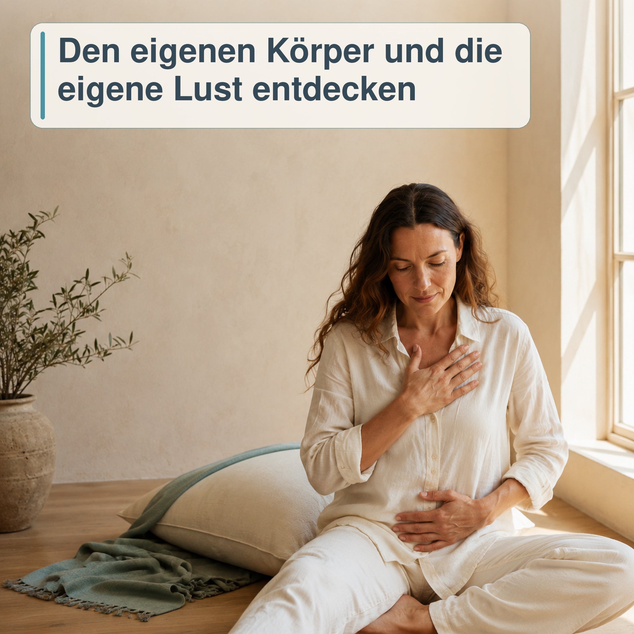 Frau nimmt ihren Körper in einer ruhigen und wertschätzenden Atmosphäre wahr