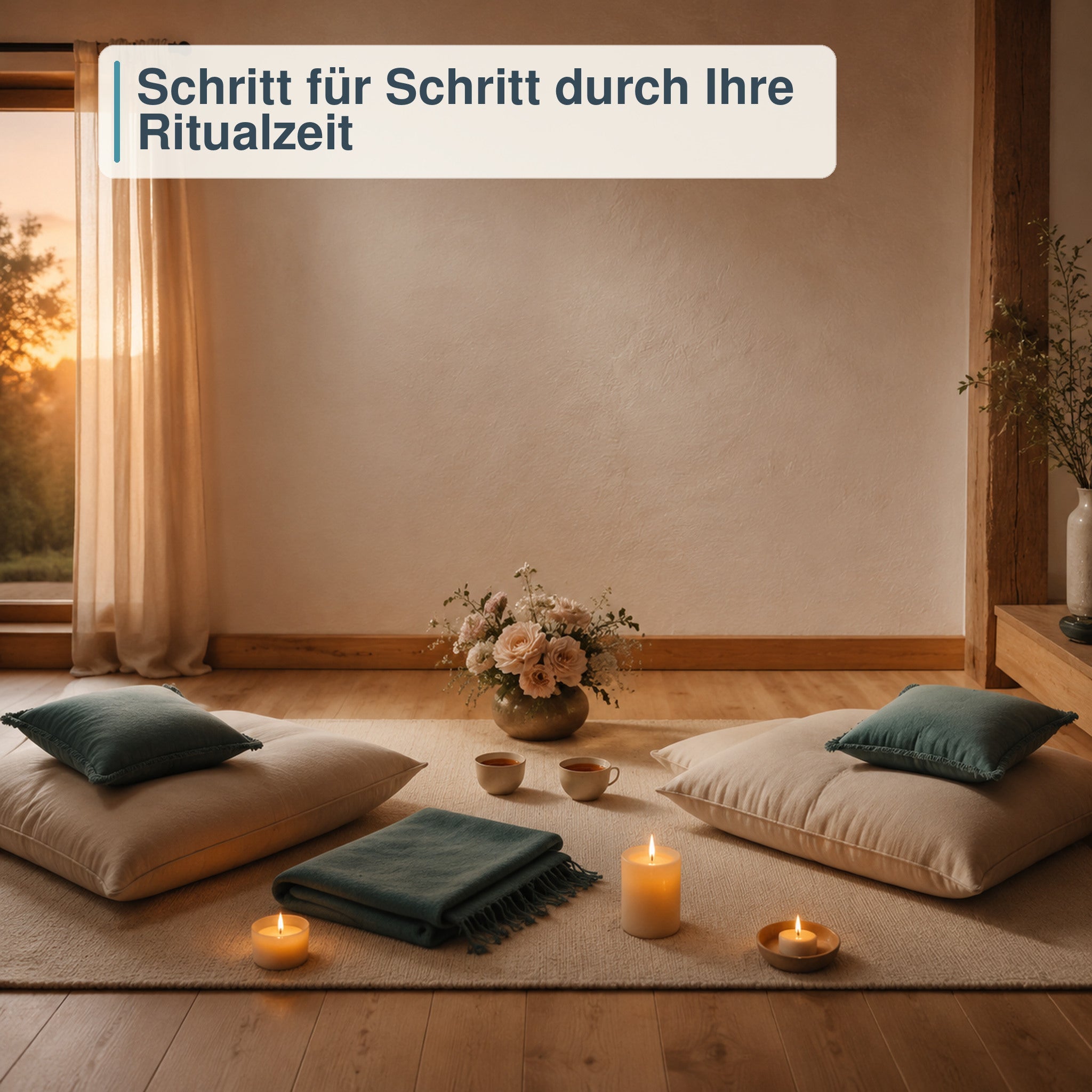 Vorbereiteter Tantra-Ritualraum mit Kerzen, Blumen und Kissen