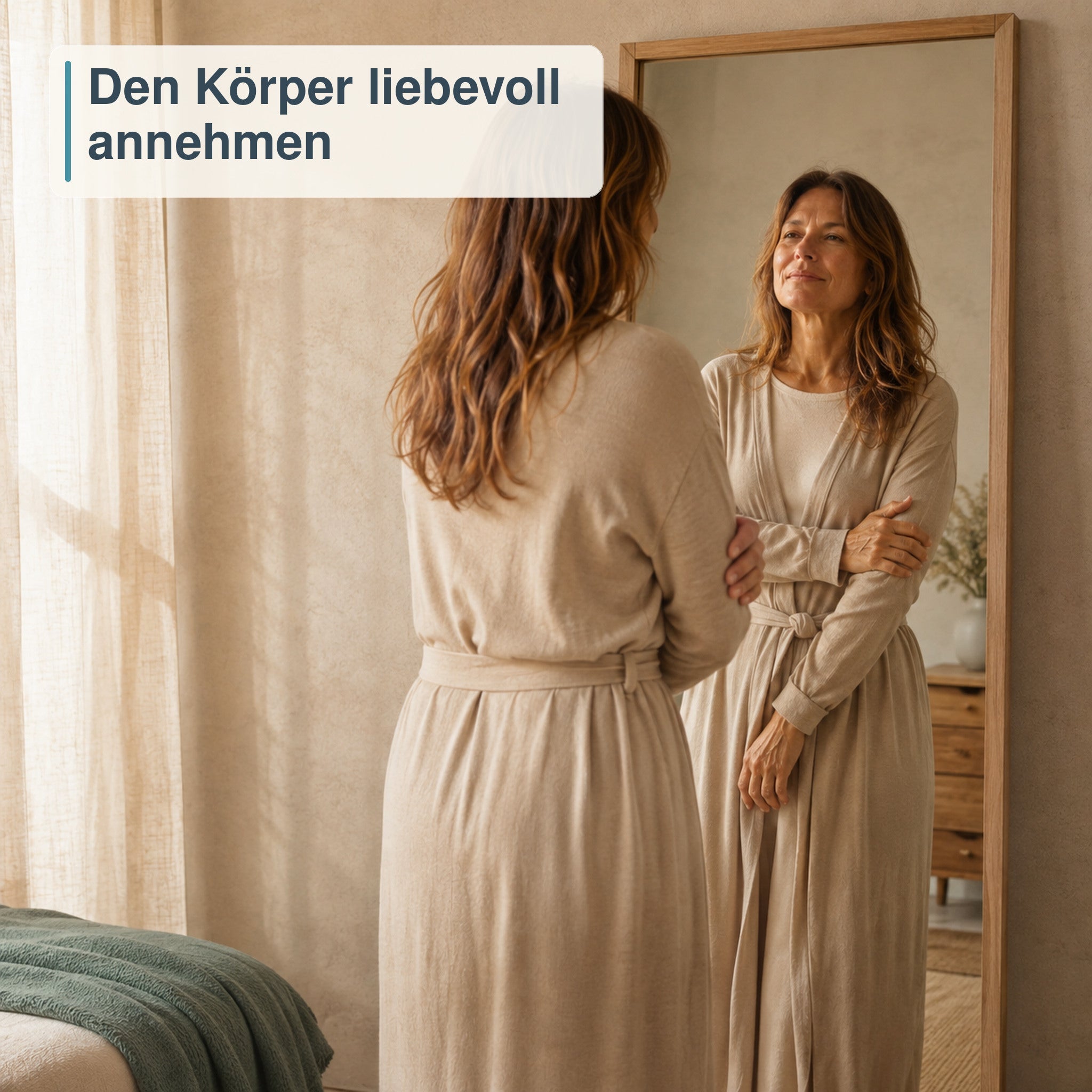 Frau begegnet ihrem Körper mit Aufmerksamkeit und Wertschätzung