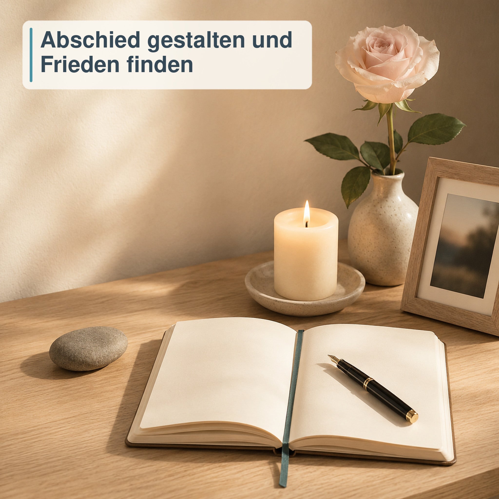 Ritualplatz mit Kerze und Schreibheft für einen bewussten Abschied