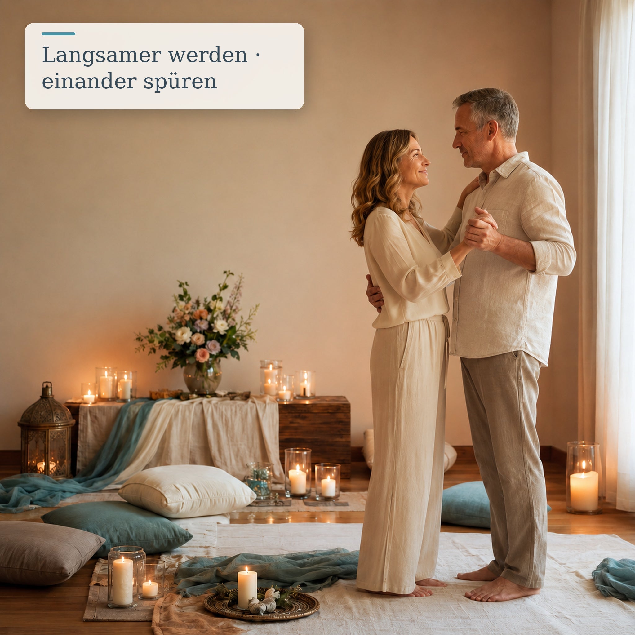 Paar tanzt langsam und nimmt sich in einem warmen Ritualraum bewusst wahr