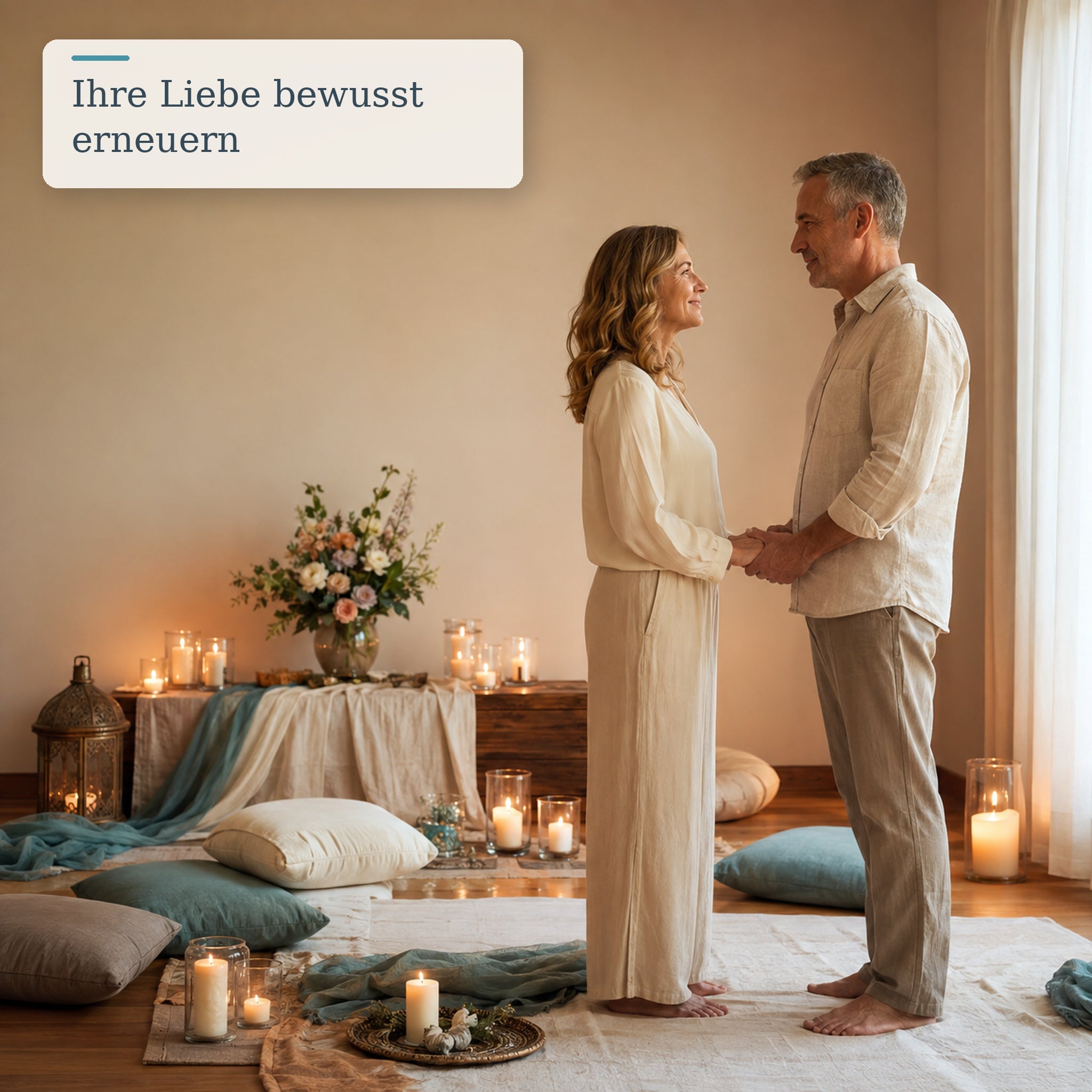 Bekleidetes Paar erneuert seine Verbindung in einem achtsam vorbereiteten Ritualraum