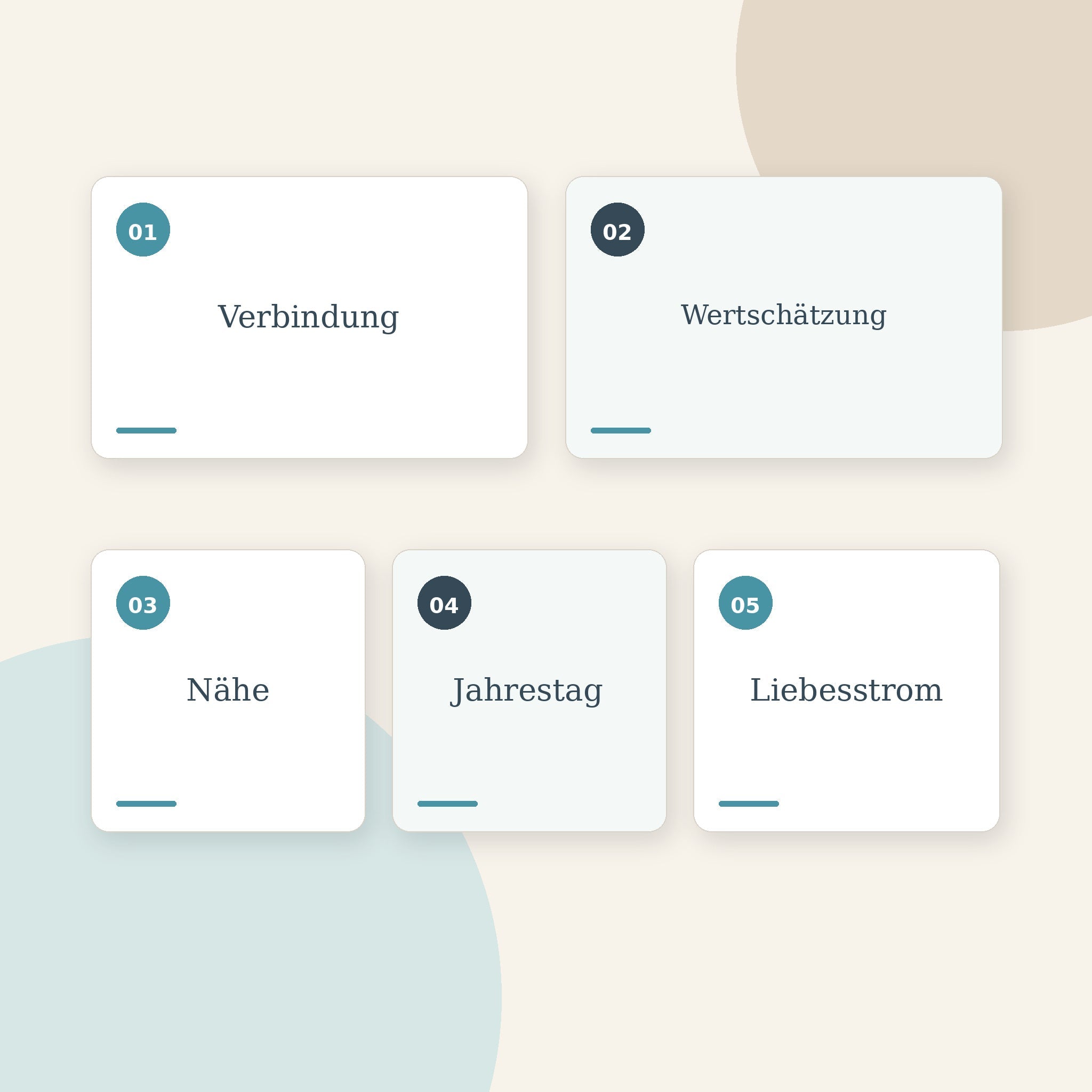 Übersicht der Themen Verbindung, Wertschätzung, Nähe, Jahrestag und Liebesstrom