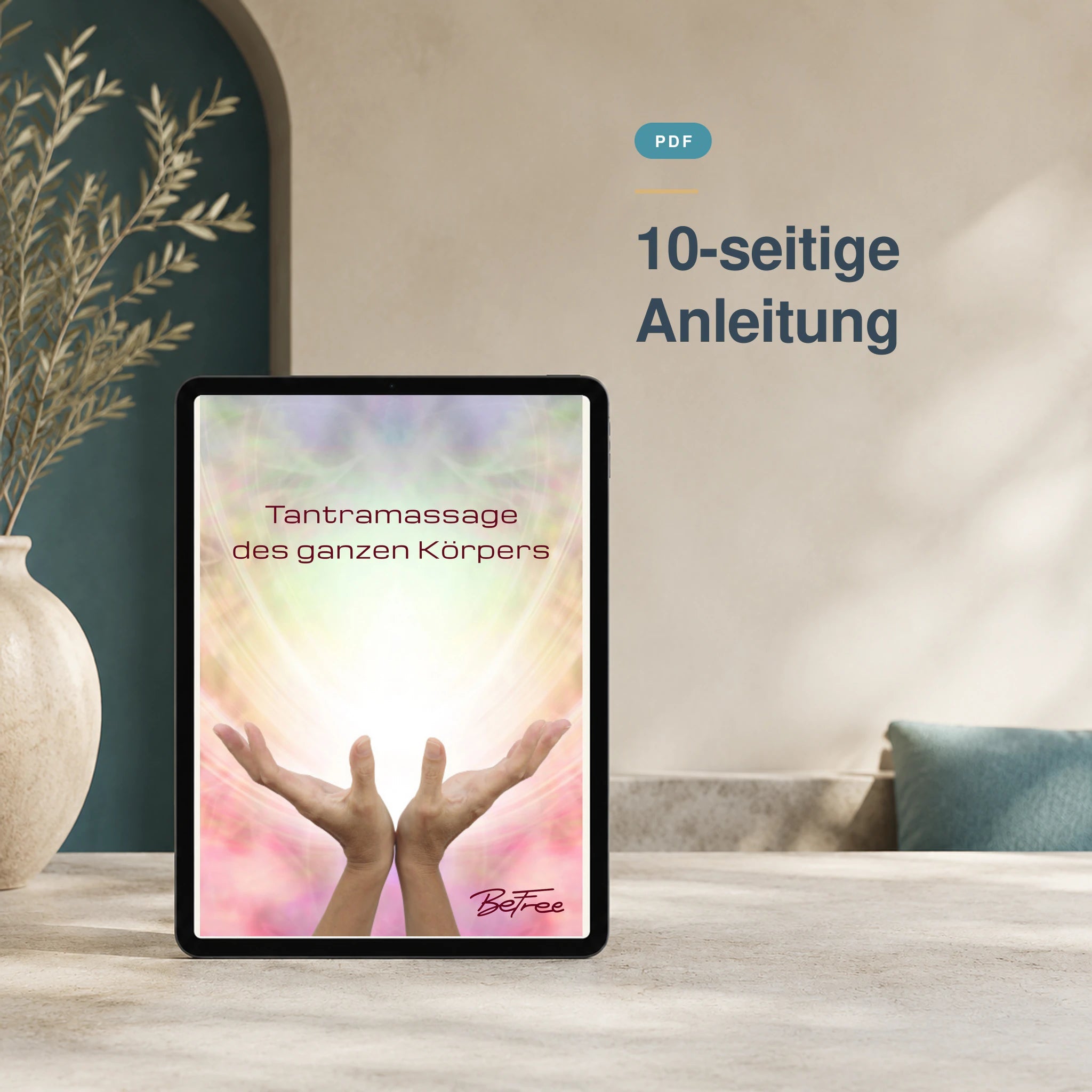 PDF-Mock-up der 10-seitigen Anleitung Tantra Heilmassage auf einem Tablet