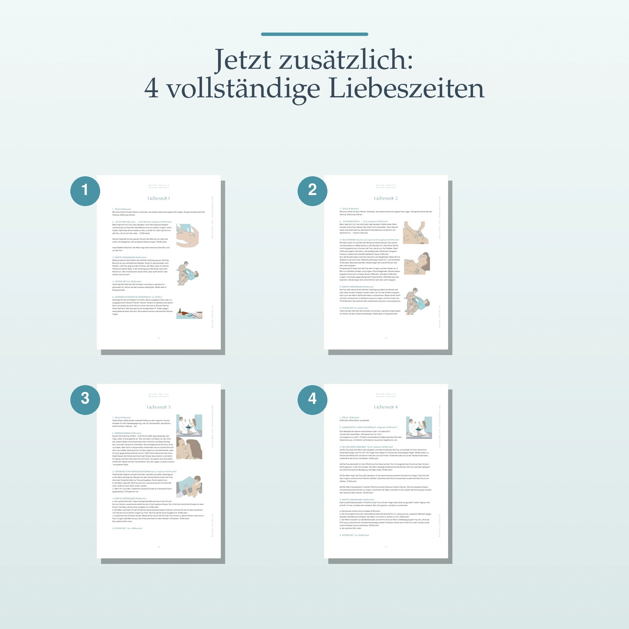 Vier vollständige Liebeszeit-Anleitungen als übersichtliche PDF-Seiten.