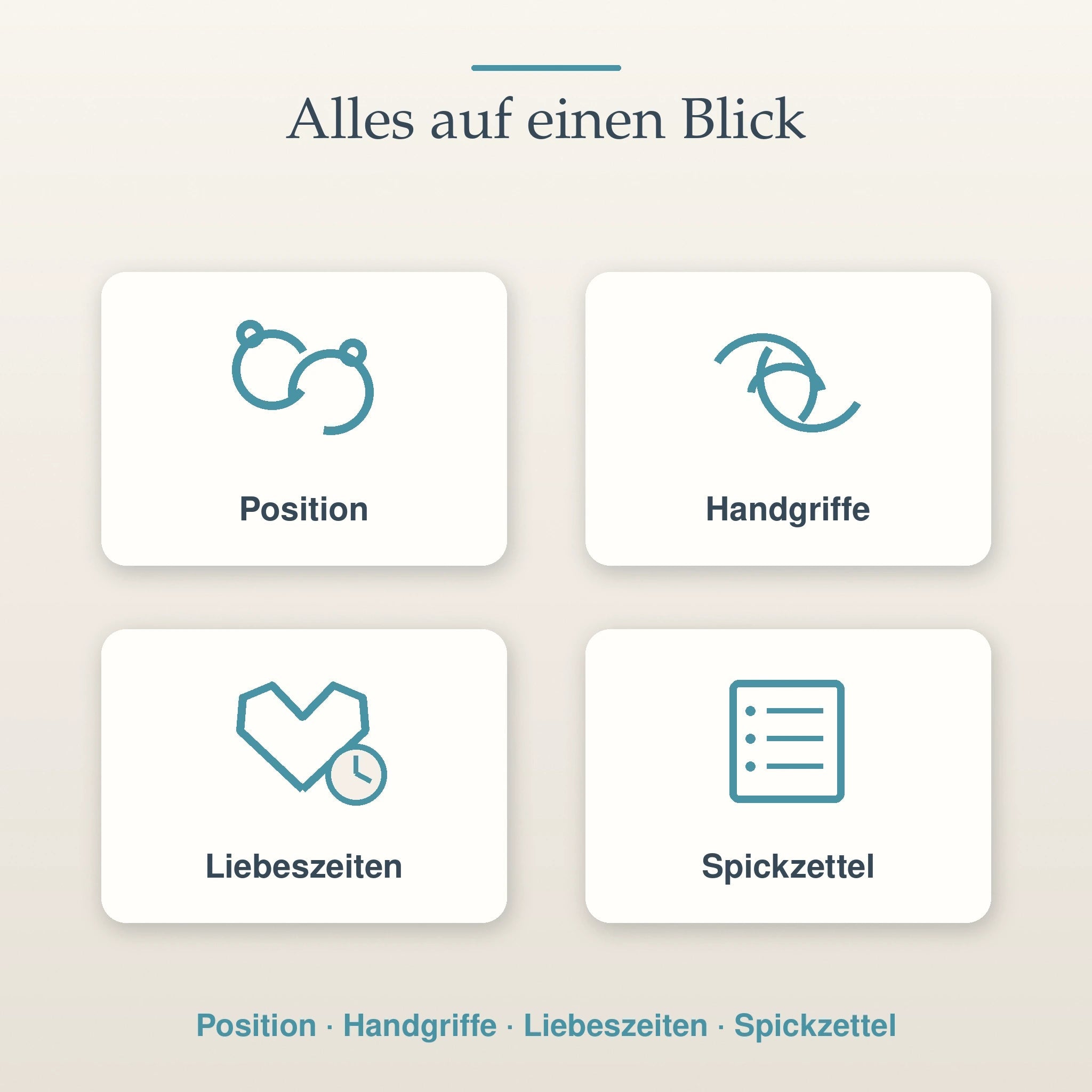 Übersicht zu Position, Handgriffen, Liebeszeiten und Spickzettel der PDF-Anleitung.